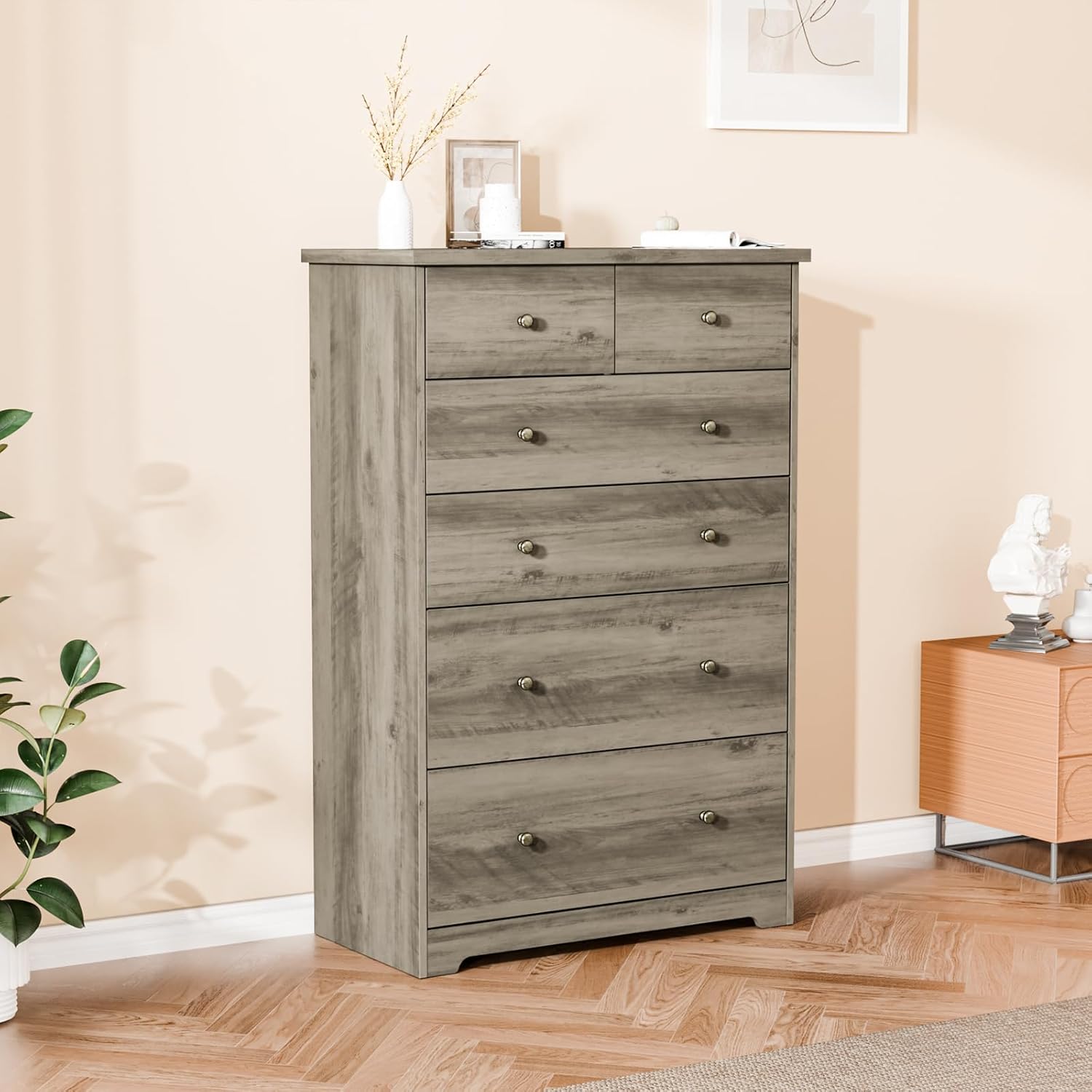 VINGLI Mirrored Dresser 5 Drawers Modern Chest, Mirrored Chest of Drawers, Glass Dresser for Living Room, Silver