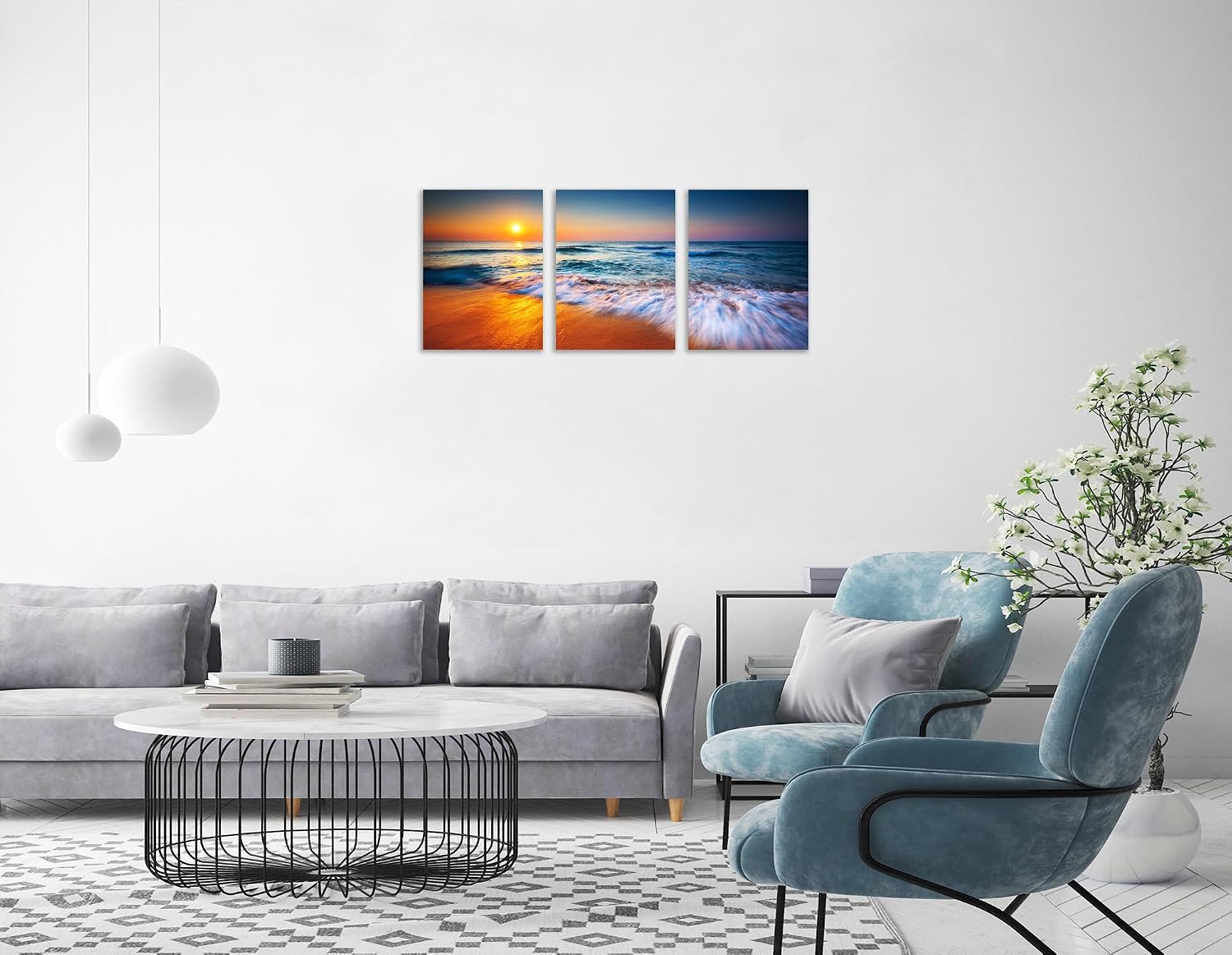 TutuBeer 3 Panel Beach Canvas Wall Art for Home Decor Blue Sea Sunset White Beach Painting the Picture Print on Canvas Seascape the Pictures for Home Decor Decoration,Ready to Hang