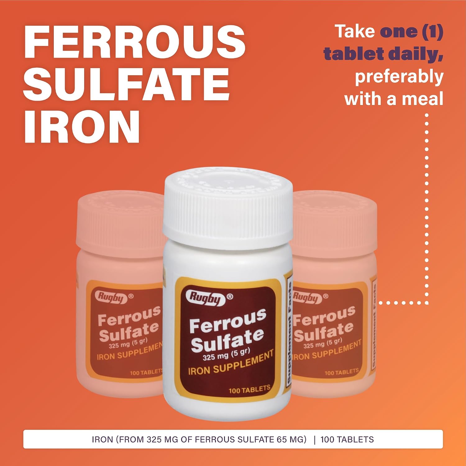 Rugby Ferrous Sulfate 325mg Tablets - Iron Supplement for Women and Men - 100 Count (1 Pack)