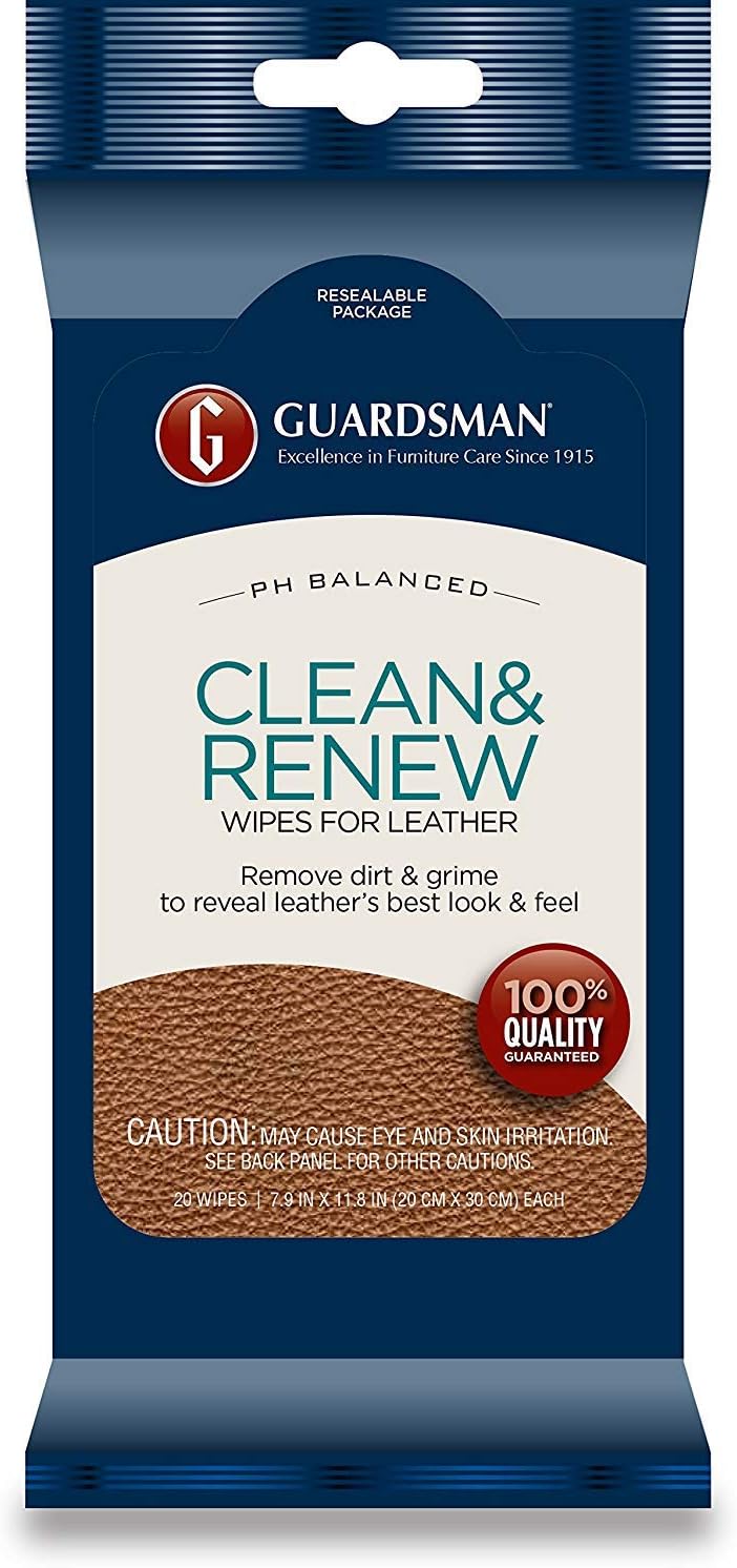 Guardsman Clean and Renew Leather Protector for Leather Furniture & Car Interiors | Small Leather Goods and Leather Shoe Cleaner, Wipes 20 Count