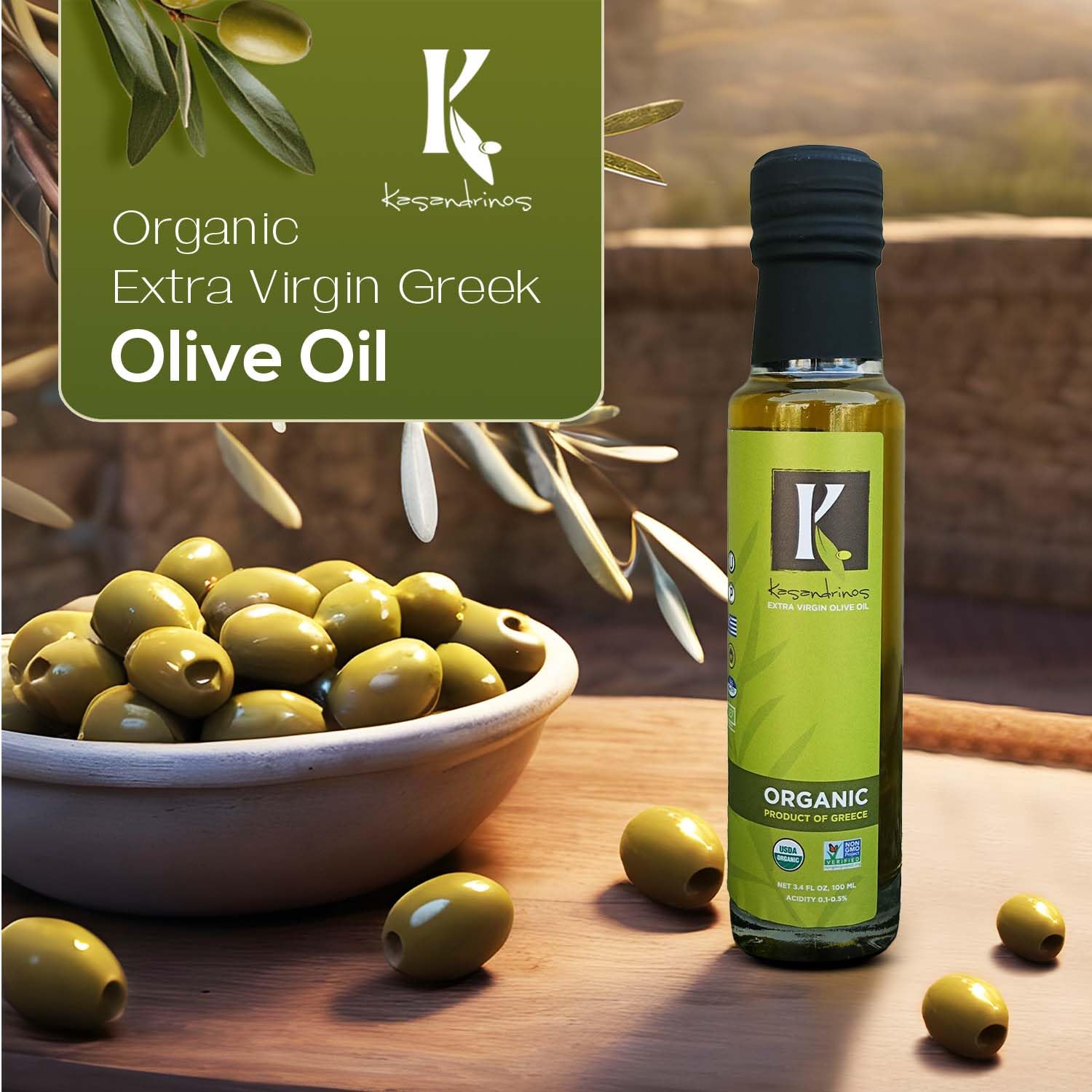 Kasandrinos Organic Olive Oil Extra Virgin, Polyphenol Rich Greek Olive Oil, 100% Organic First Cold Pressed, Mild + Delicate Flavor, Verified by Non GMO, 500 ml / 16.9 oz