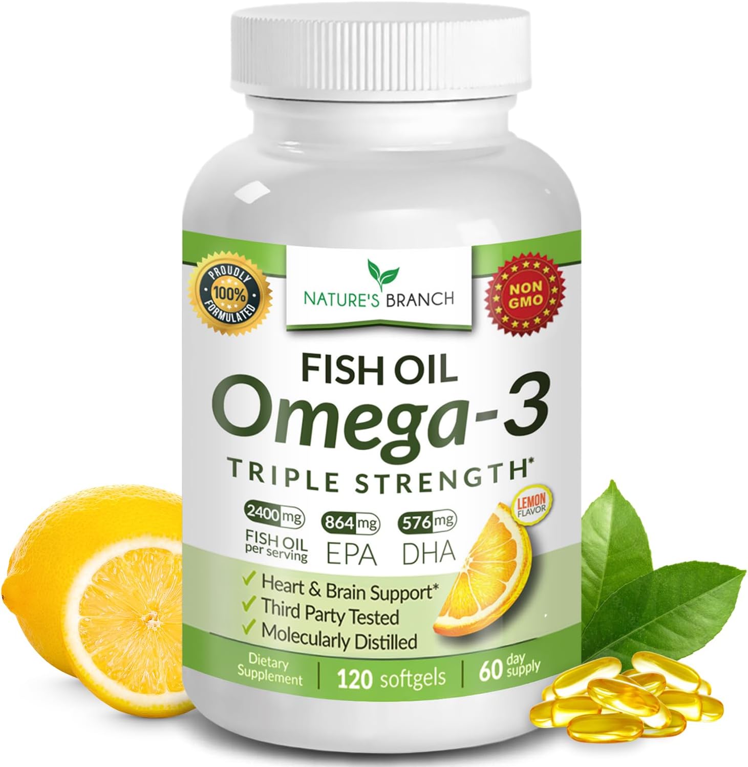 Triple Strength Omega 3 Fish Oil for Heart Health, Brain & Eyes – Burpless | High EPA & DHA Fish Oil for Men & Women, Lemon Flavor, Third Party Tested, Omega 3 Supplements for Joints – 120 Capsules