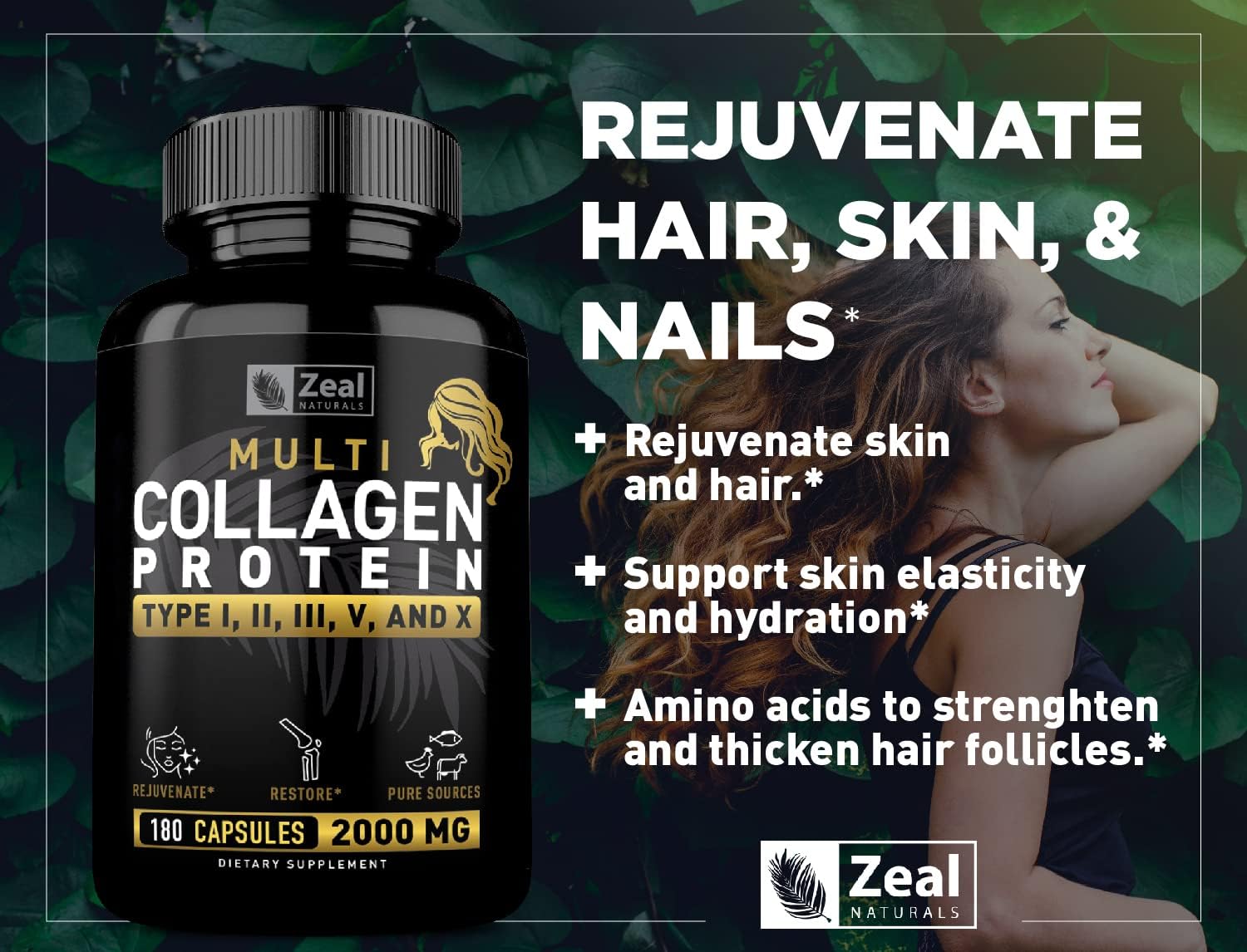 Multi Collagen Peptides Pills (Types Ⅰ, Ⅱ, Ⅲ, Ⅴ, Ⅹ) Grass Fed Collagen Pills (180 Capsules) - Hydrolysate Collagen Protein Blend for Hair