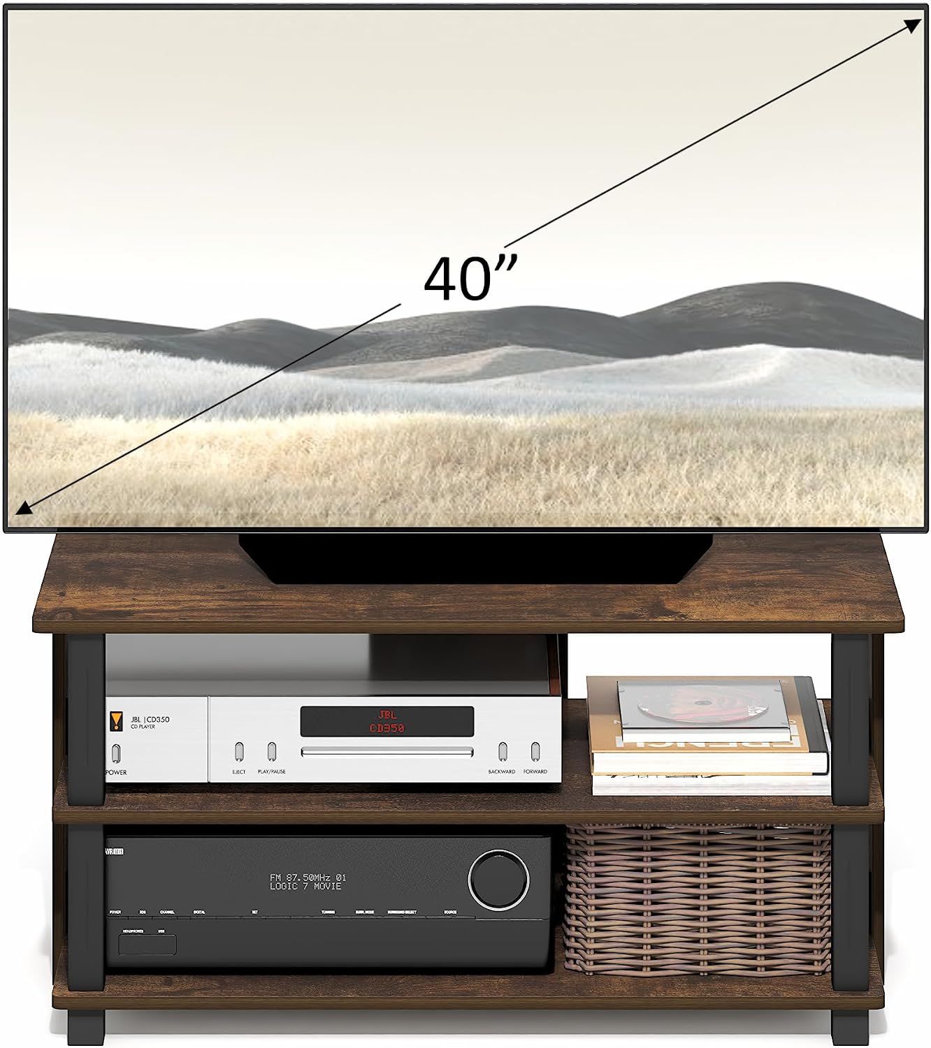 Furinno Beginning TV Stand, 2-Tier Rectangular Entertainment Center with Shelf, TV Console for TV up to 36 Inch, Open Back, for Living Room, Bedroom, French Oak