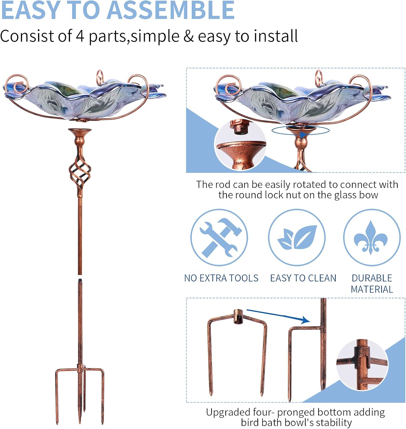 VCUTEKA Glass Bird Bath Outdoor Birdfeeder with Metal Stake Garden Decor