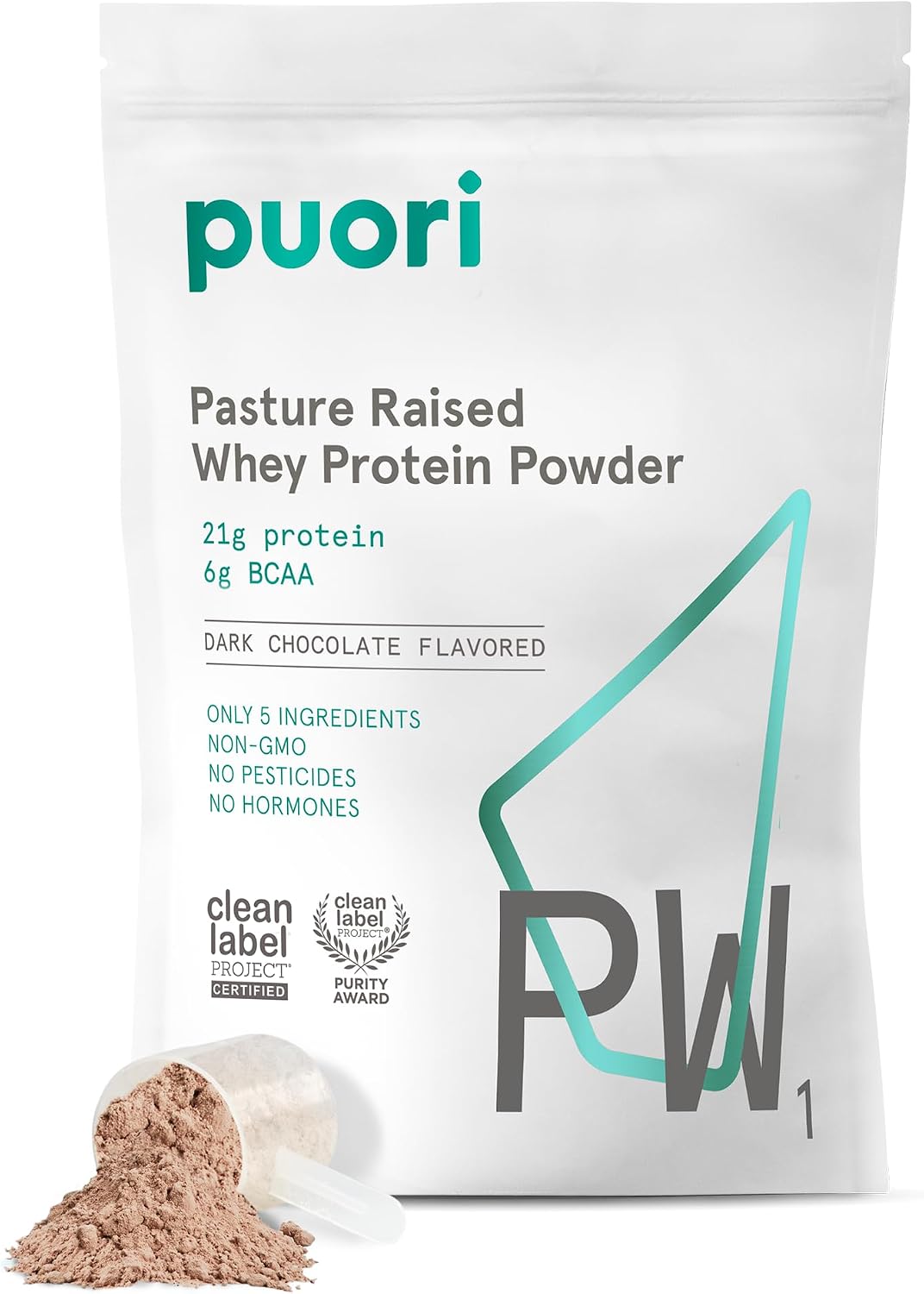 Puori PW1, Grass Fed Whey Protein Powder, Dark Chocolate, 30 Servings | Pasture-Raised Whey Protein Powder Drink Mix containing BCAA Amino Acids - Post-Workout Supplement for Muscle Gain & Recovery