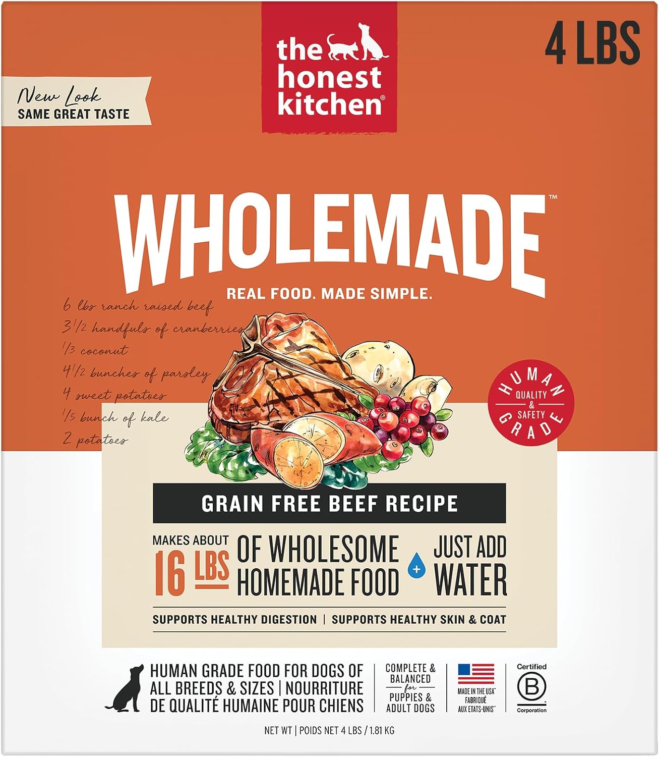 The Honest Kitchen Human Grade Wholemade™ Dehydrated Grain Free Dog Food – Complete Meal or Dog Food Topper – Chicken 4 lb (Makes 16 lbs)