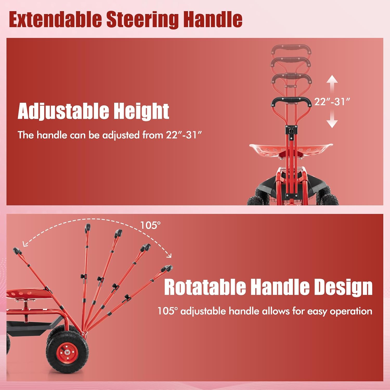Goplus Rolling Garden Cart with Seat, Outdoor Garden Stool with Wheels, Tool Tray & Basket, Adjustable Steering Handle