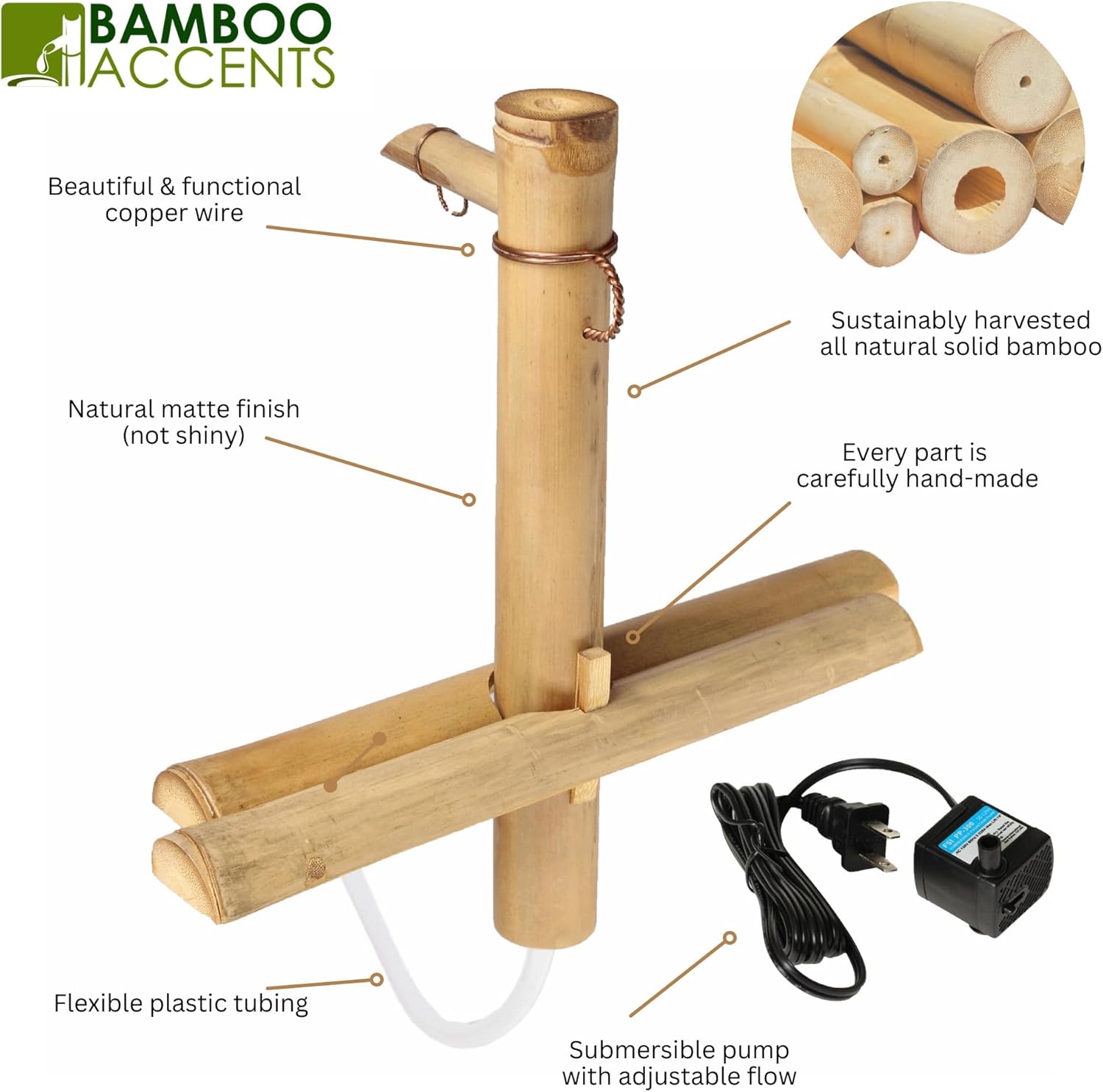 12" Adjustable Bamboo Fountain Kit with Pump – Classic Zen Water Feature for Bowls, Basins, Water Gardens & Patio Decor