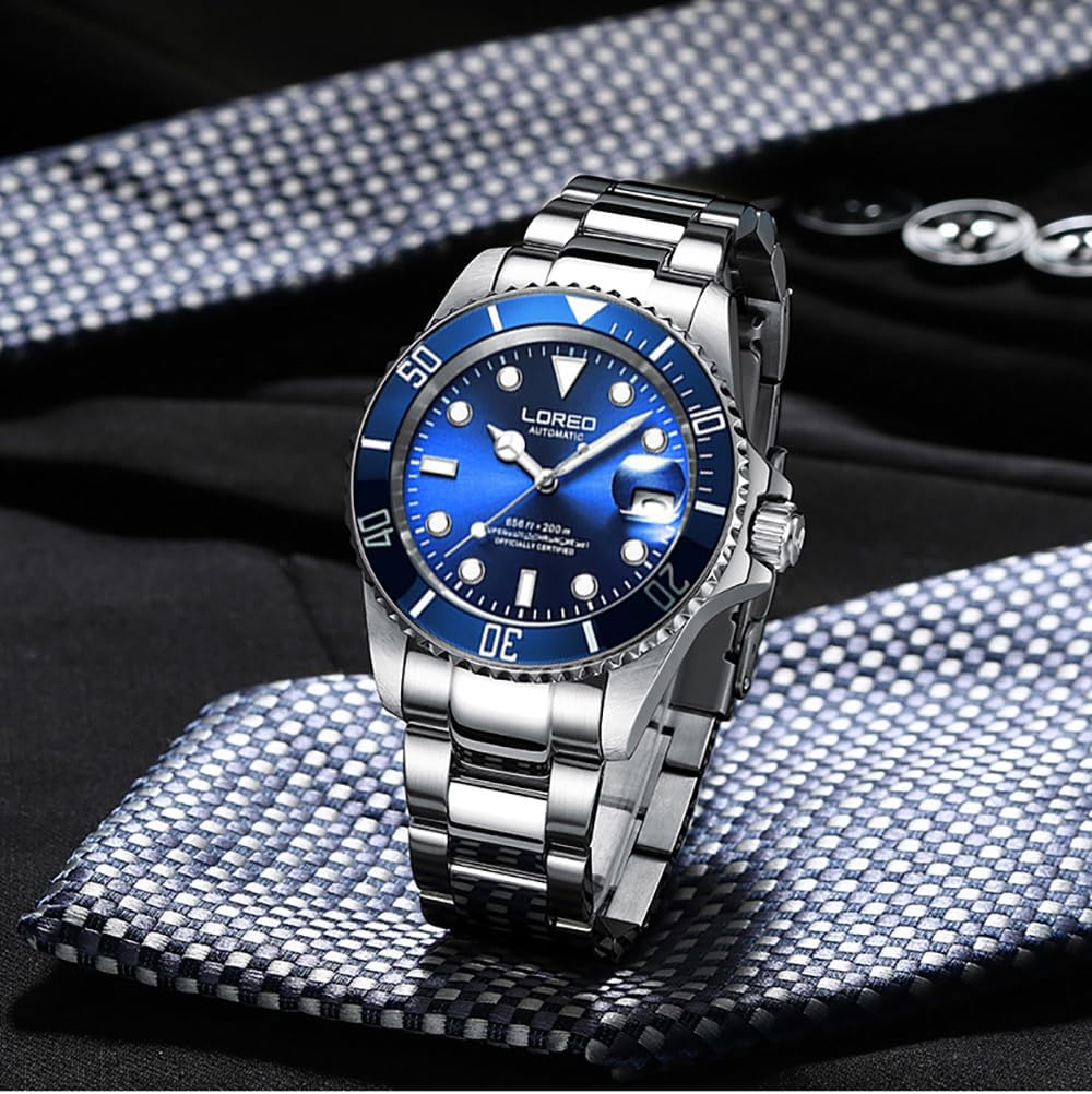 LOREO Men's Automatic Watch Sapphire Crystals 200M Waterproof | Rotating Bezel Luminous Markers and Hands Date 316L Stainless Steel Case and Bracelet Waterproof Watch