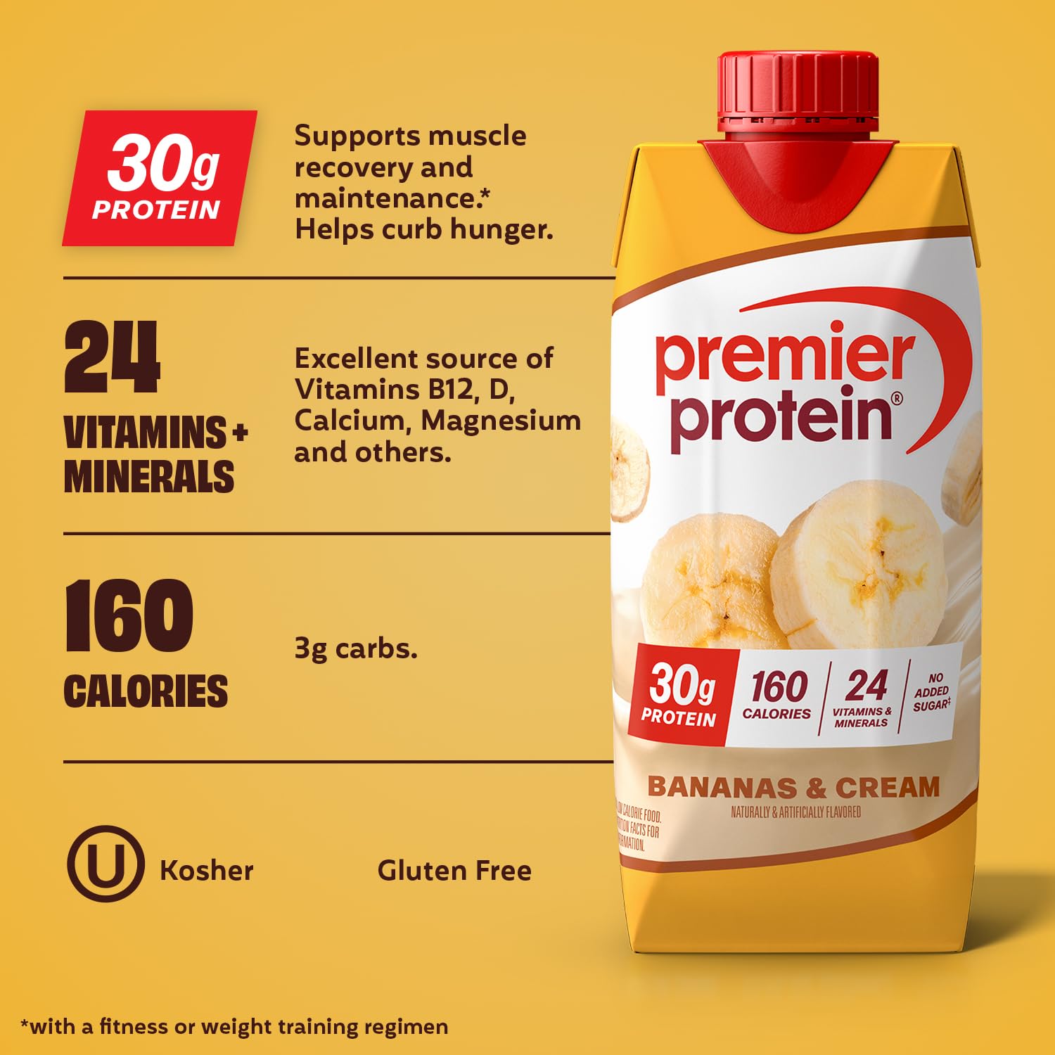 Premier Protein 30g High Protein Shake, Vanilla, 12 Pack | 160 Calories, 24 Vitamins & Minerals, No Added Sugar, Supports Muscle Health, Gluten-Free, 11 oz
