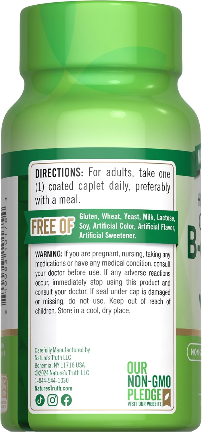 Nature's Truth Vitamin B Complex Plus Vitamin C | 100 Caplets | Vegan, Non-GMO & Gluten Free Supplement | Vegan, Non-GMO & Gluten Free Supplement