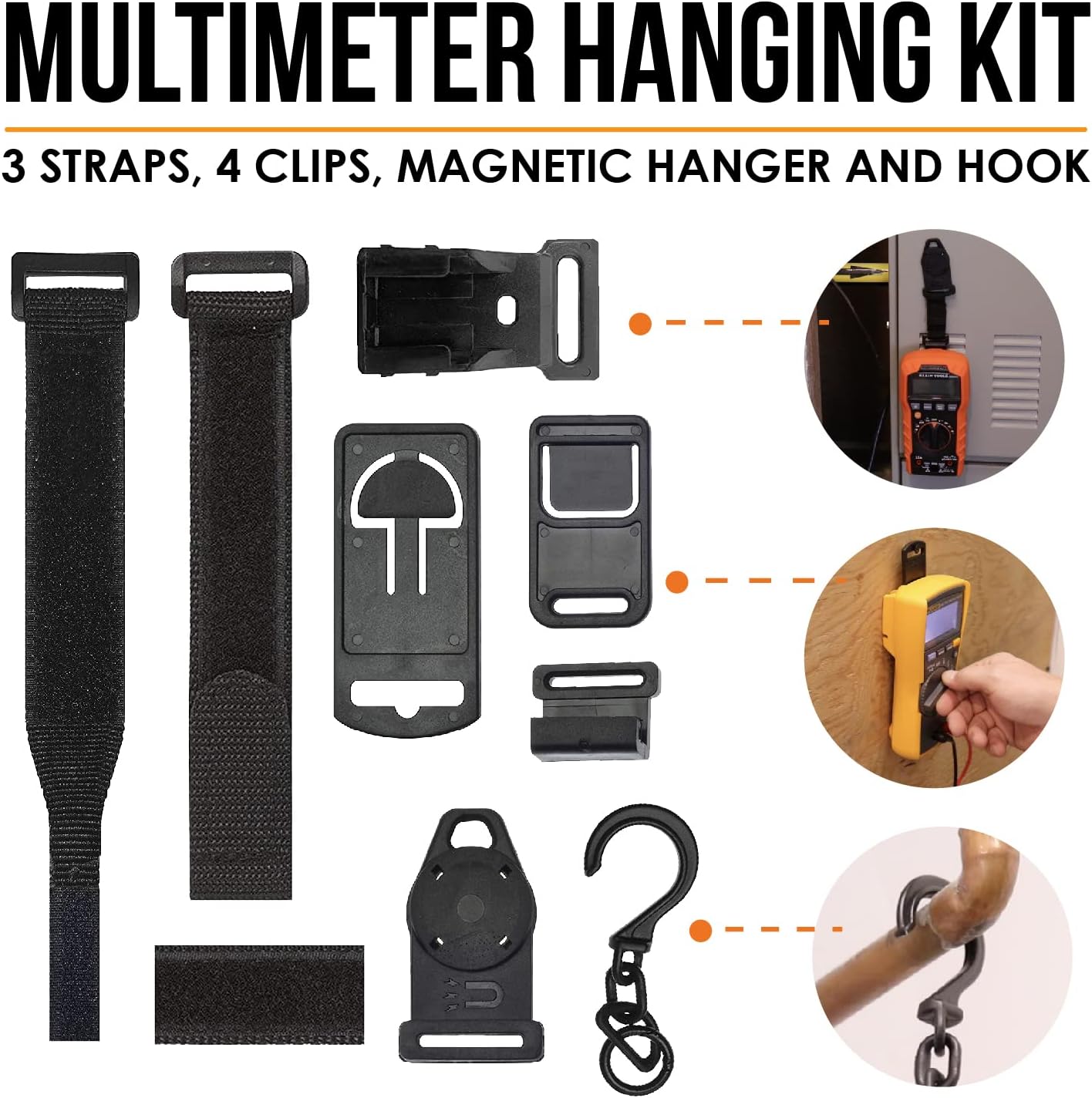 Universal Multimeter Magnet, Hook, and Clip Hanging Strap Kit | Works with Most Multitesters Including Fluke and Klein Tool Meters