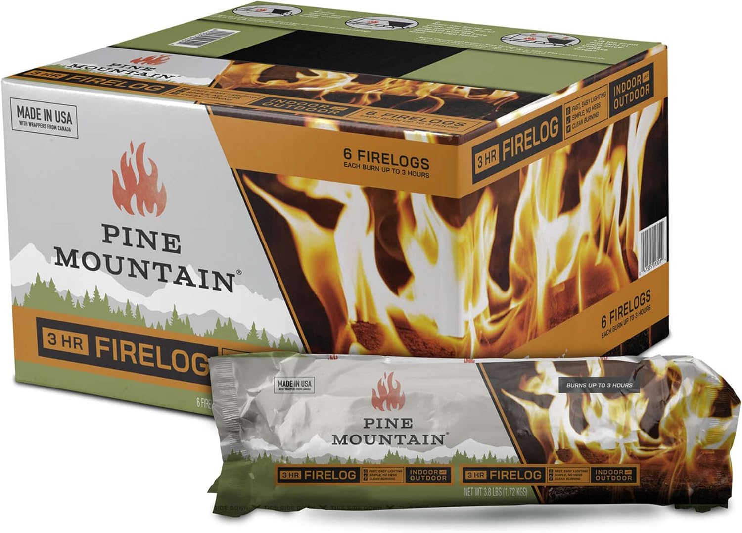 Pine Mountain 100% Natural Classic Firelog, 3-Hour Burn Time, 6 Logs, Green
