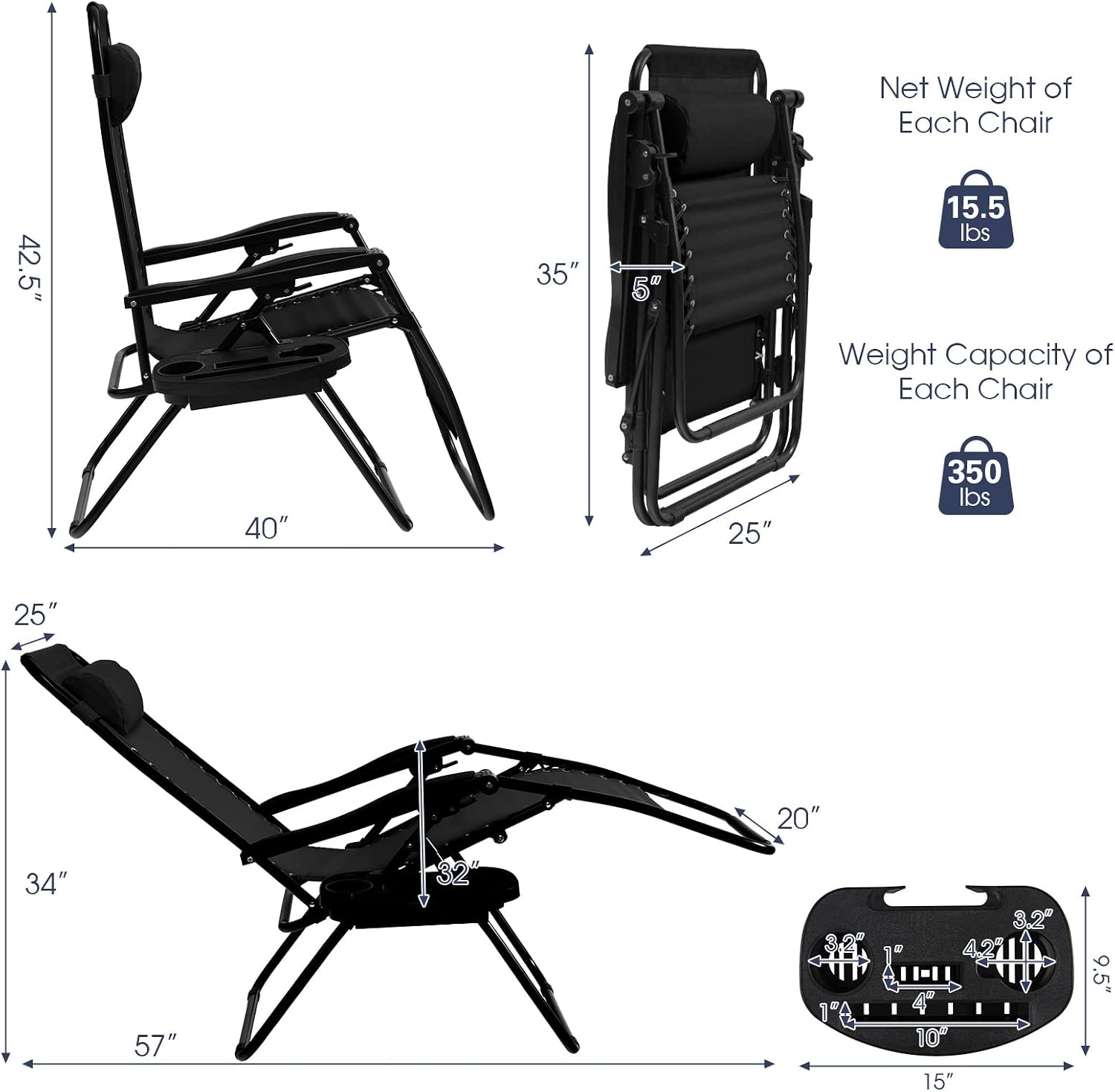Goplus Zero Gravity Lounge Chairs, 160°Adjustable Folding Recliner w/Pillow and Cup Holder, 350LBS Comfy Outdoor Lounge Chairs for Patio, Lawn, Yard & Camp(1, Gray)
