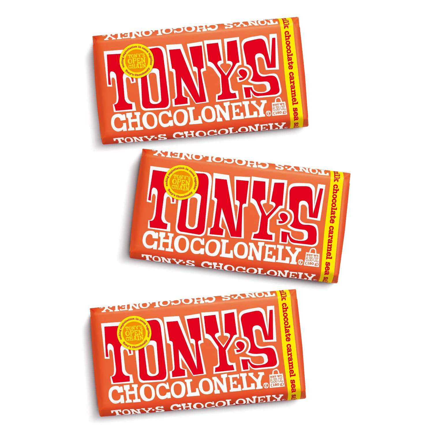 Tony’s Chocolonely 32% Milk Chocolate Caramel Sea Salt Bars, No Artificial Flavoring, Fairtrade & B Corp Certified, 6.35 Ounce (15 Bars)
