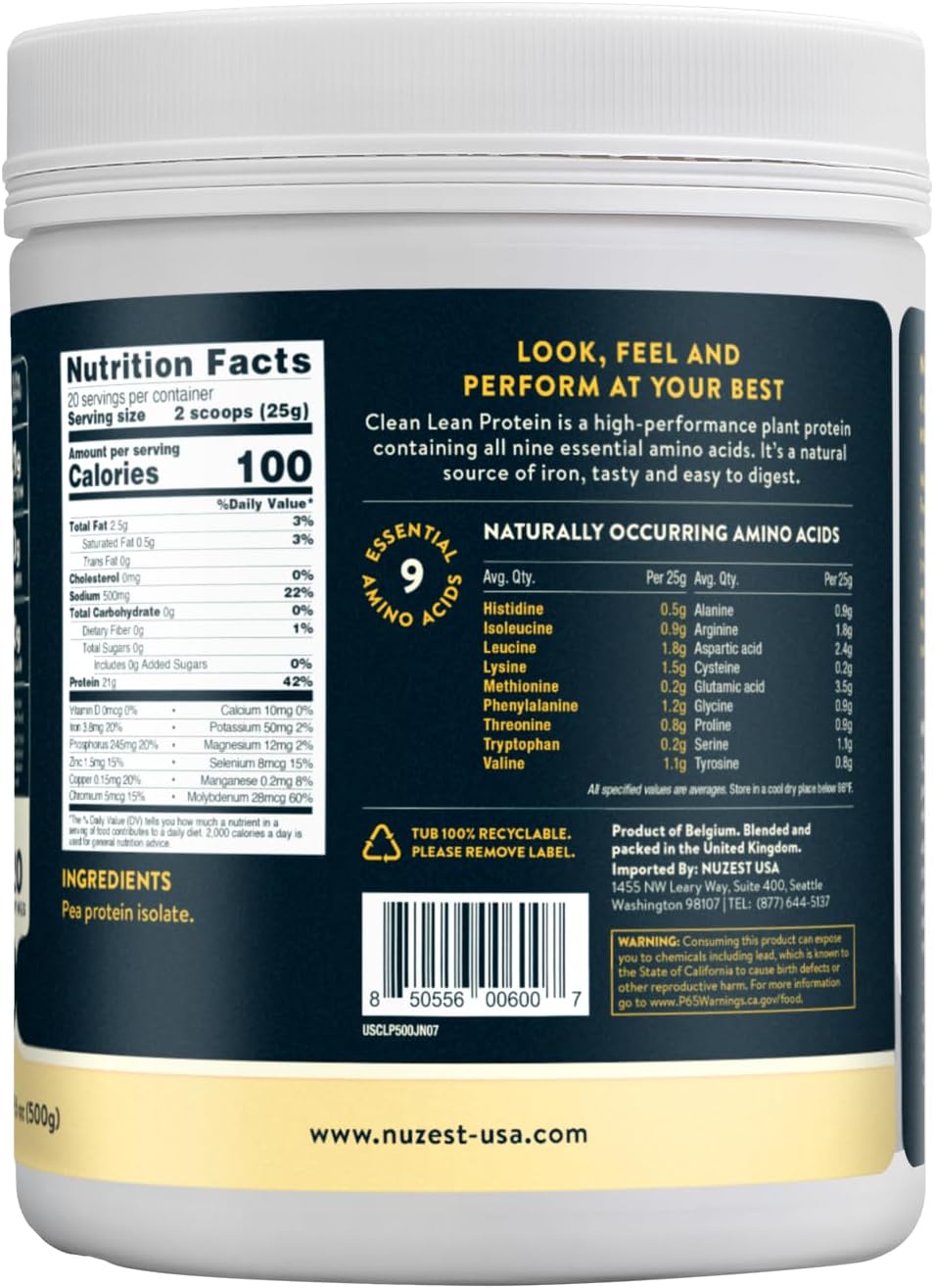 Nuzest Clean Lean Protein - Vegan Pea Protein Powder Rich Chocolate 1.1 lb | 20 Servings with 18g Protein Plant Based Protein Powder, Only 4 Ingredients, Dairy Free, Gluten Free, GMO Free, Protein Shake