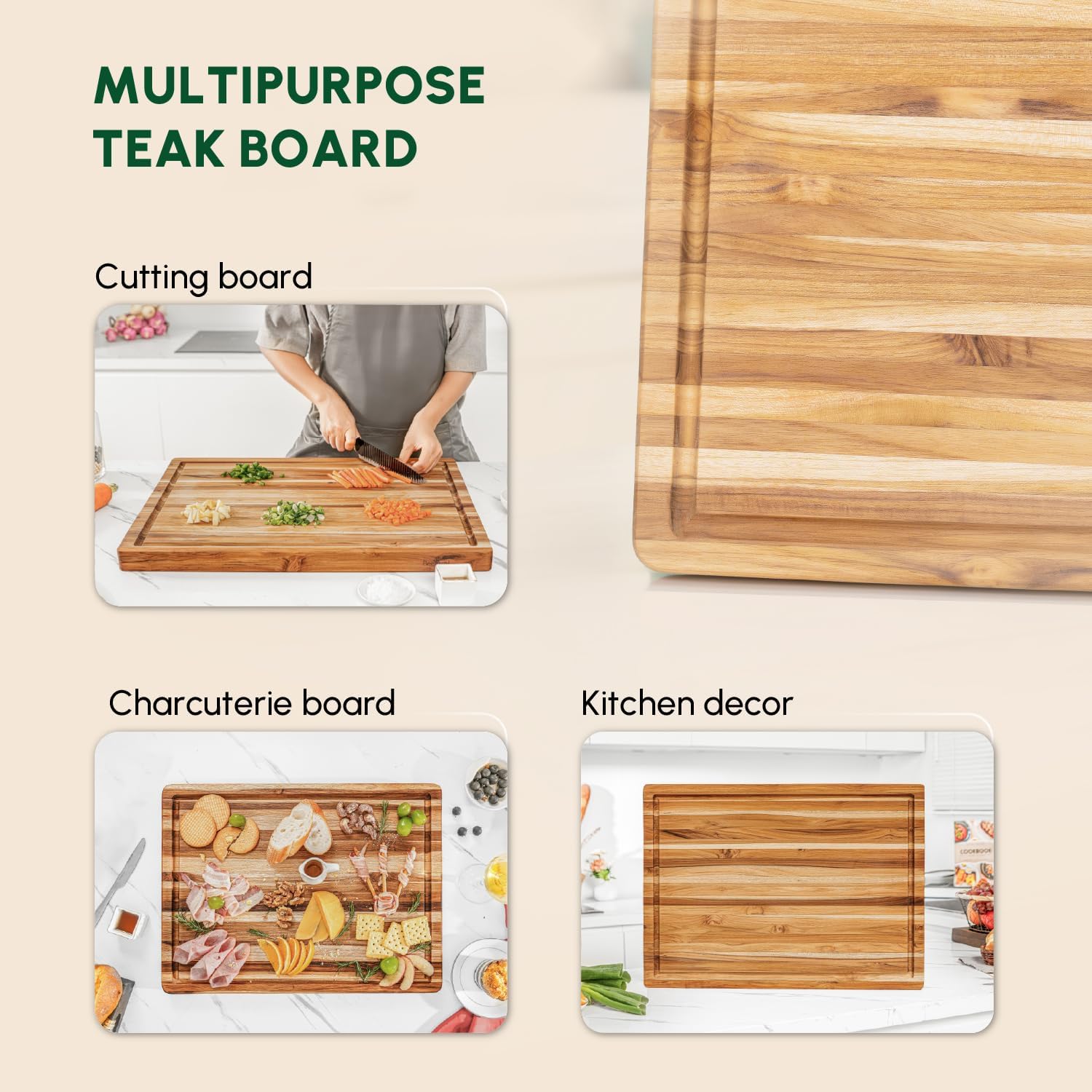 BEEFURNI Teak Wood Cutting Board with Hand Grip (20x15x1.25", M)