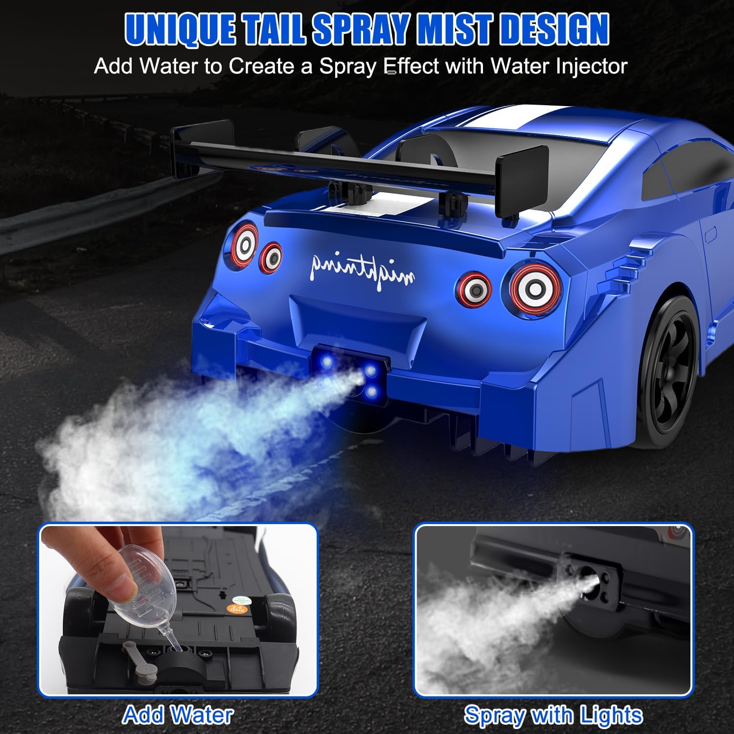 Dollox RC Drift Car 1/16 Scale Remote Control Car 2.4GHz 4WD High Speed 18+KM/H Race Car with LED Light and Spray, Extra Drifting Tires Racing Vehicle Toy Birthday Gifts for Adults Boys, 2 Batteries