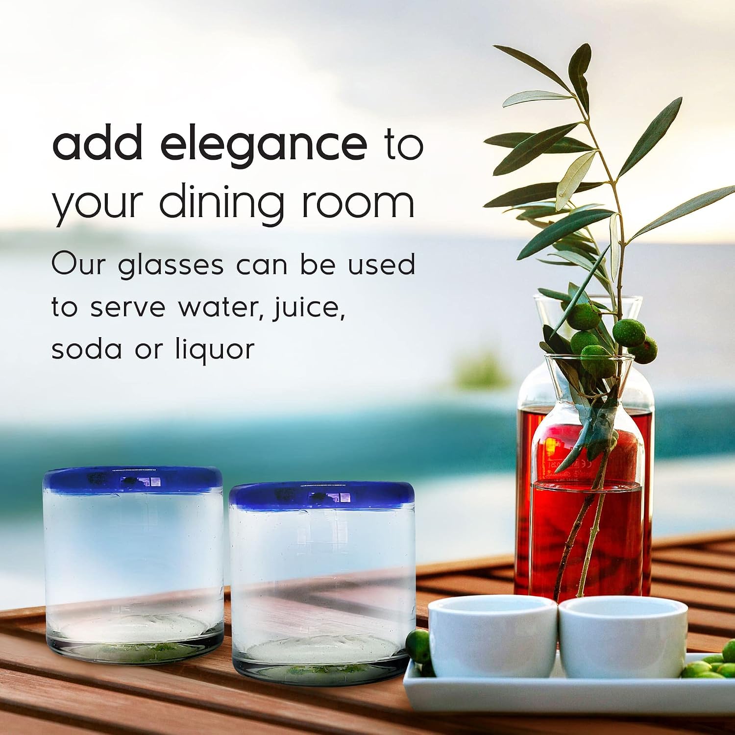 Cobalt Blue Rim 120 oz Pitcher and 6 Drinking Glasses set, Recycled Glass, Lead-free, Toxin-Free (Pitcher & Glasses)
