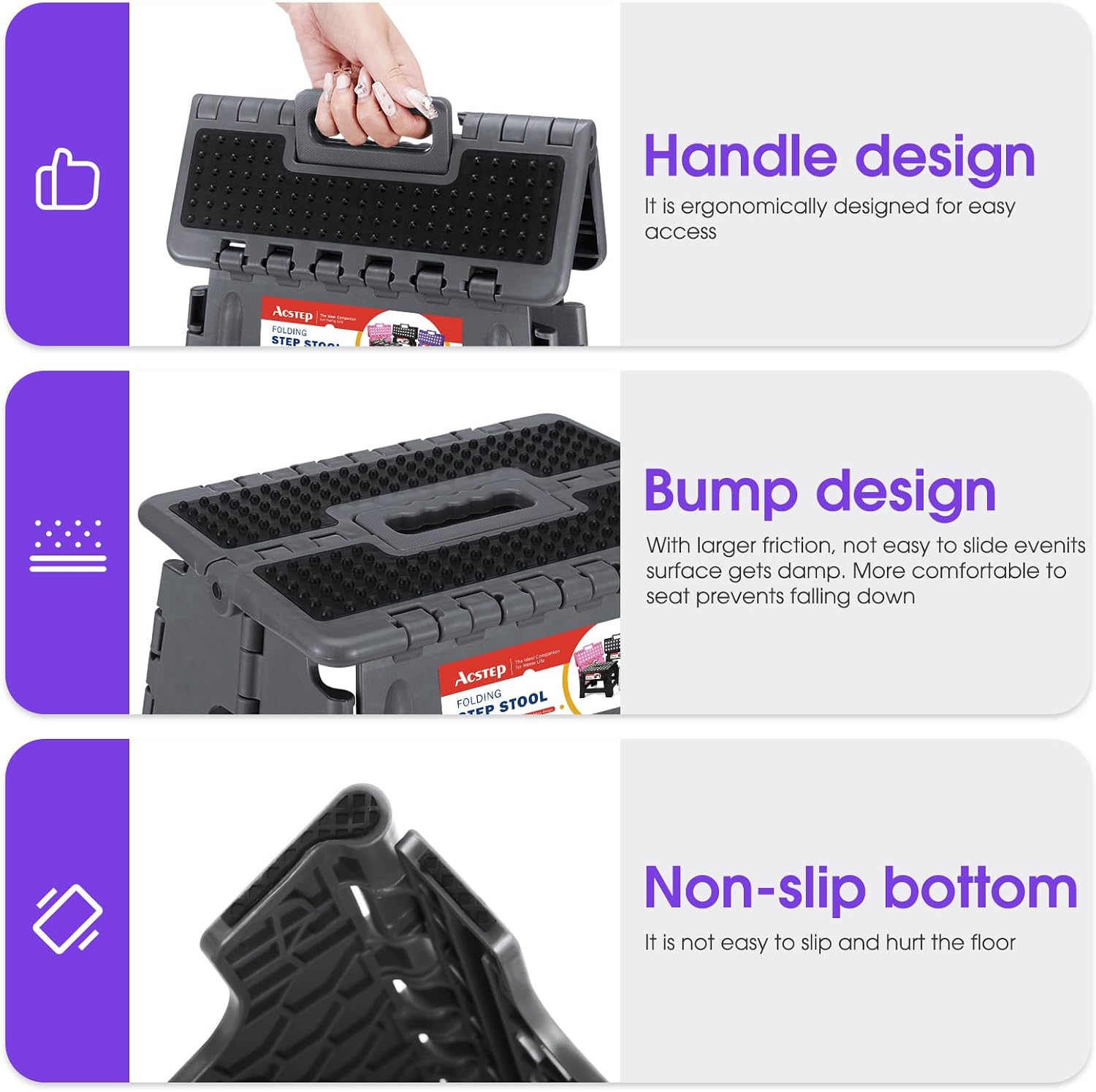 11 Inch Folding Step Stool for Kids, Non-Slip Foldable Stools, Black | Heavy Duty Collapsible Foot Stool, Lightweight with Built-in Handle, Holds 300 lb for Adults Kitchen Bathroom Bedroom Outdoor