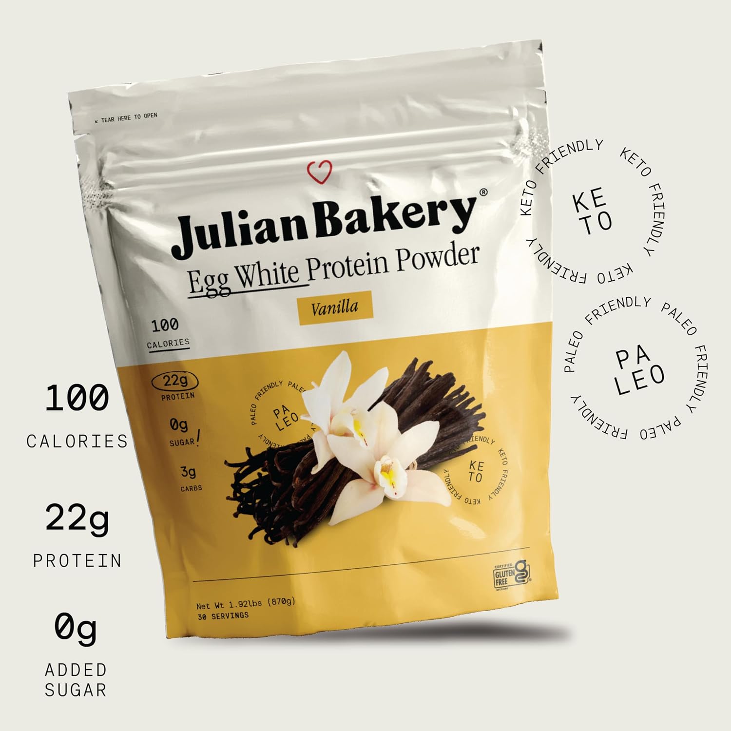 Julian Bakery Paleo Thin Protein Powder | Vanilla | Egg White | 21g Protein | 3 Net Carbs | Soy-Free | 1.92 LBS | 30 Servings