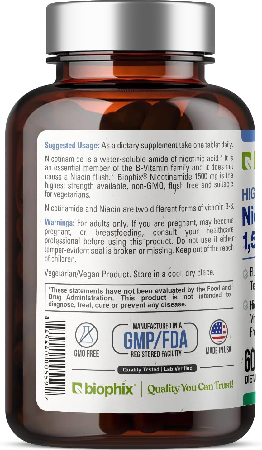 biophix B-3 Nicotinamide 1500 mg 60 Tablets Maximum Strength - Nicotinic Amide Niacin Natural Flush-Free Vitamin Formula - Supports Skin Cell Health