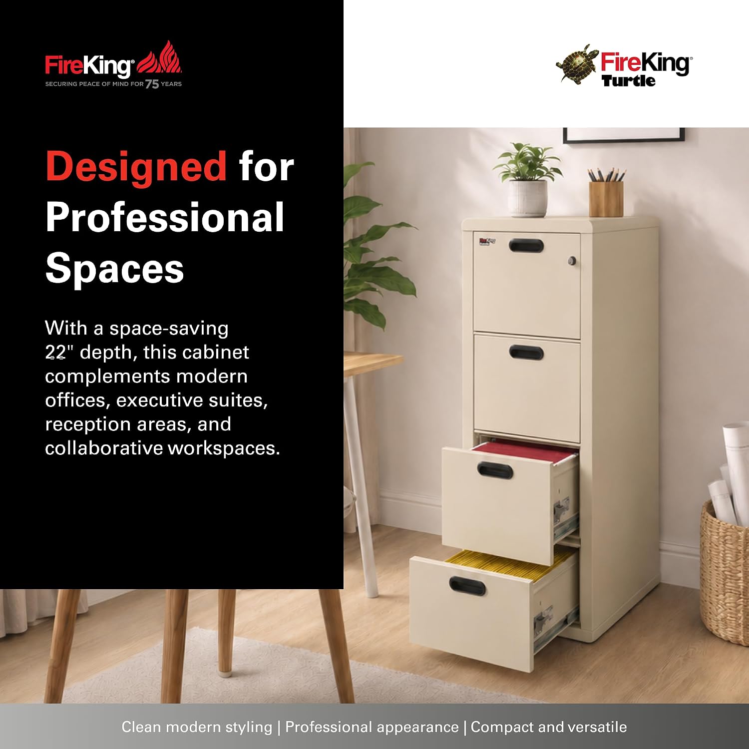 FireKing Turtle Vertical 2 Drawer Fire Rated File Cabinet, Black | 1 Hour Fire Rated Filing Cabinet - UL Class 350 - Water Resistant - Key Lock - Made in USA
