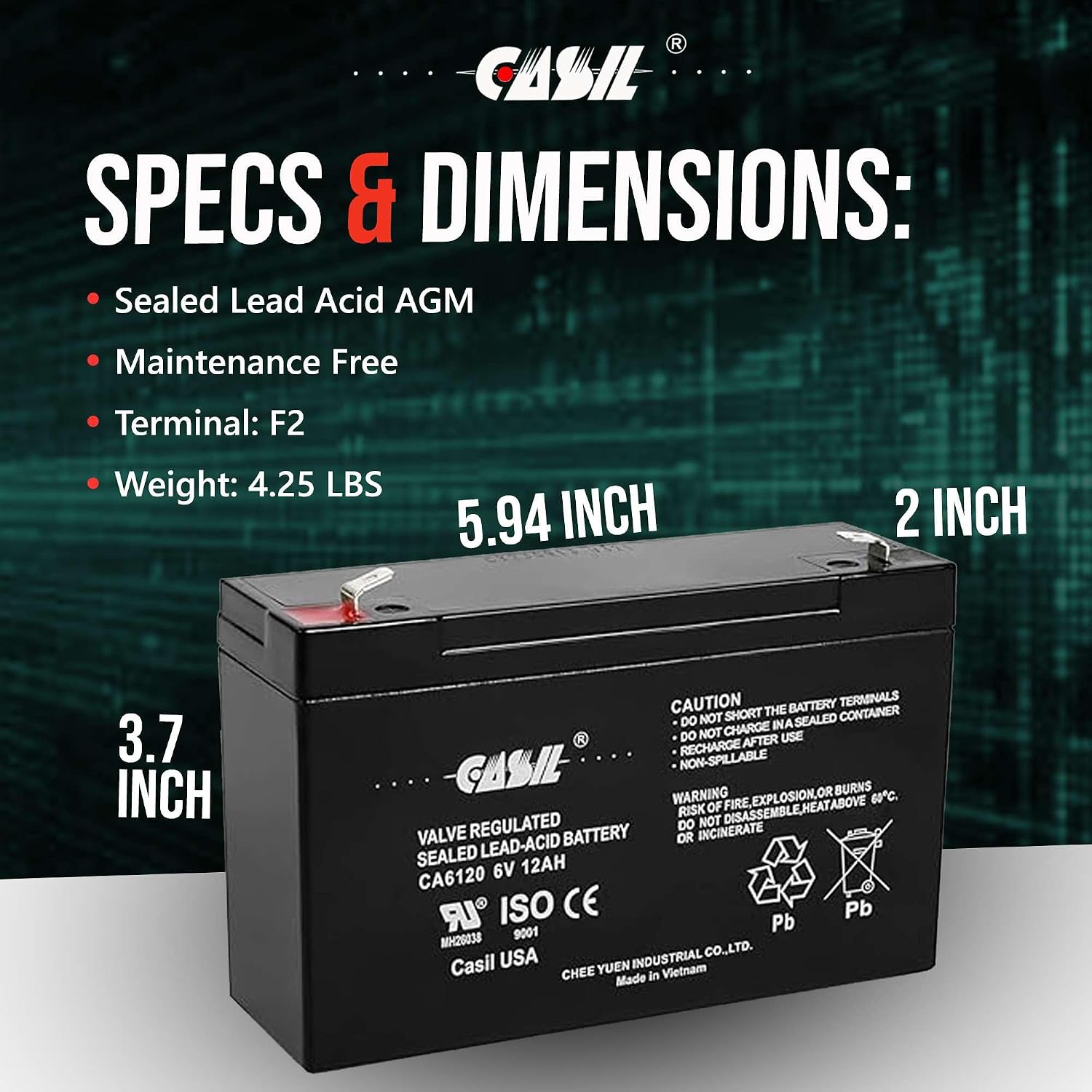 Casil CA6120 6V 12Ah Battery - 12Amp, 6V AGM Deep Cycle Battery, SLA Battery F2, VRLA Replacement, Emergency Light Battery 6V 12Ah - 2 Pack
