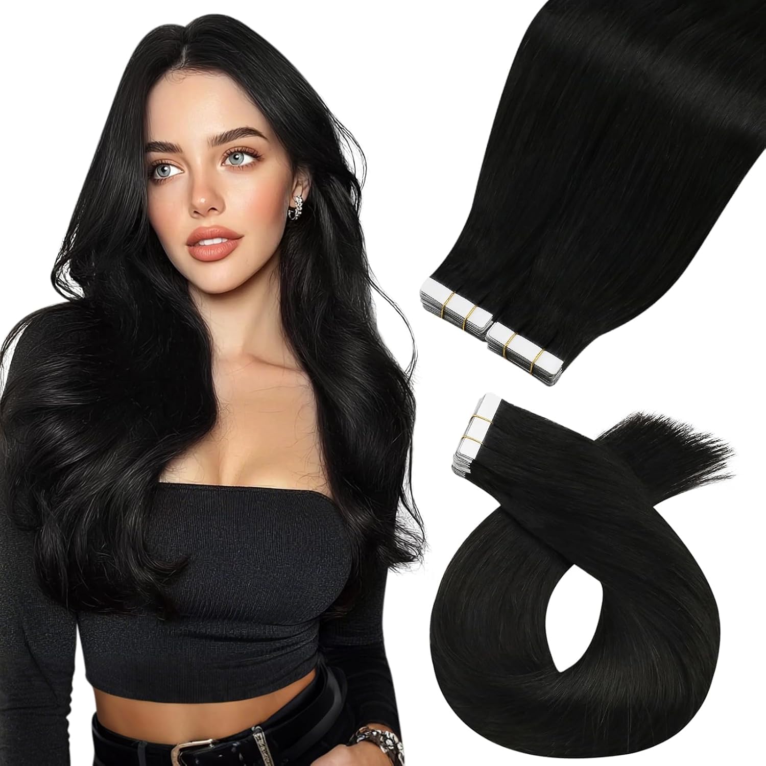 Moresoo Black Tape in Hair Extensions Human Hair, 18 Inch, 20Pcs, 50g