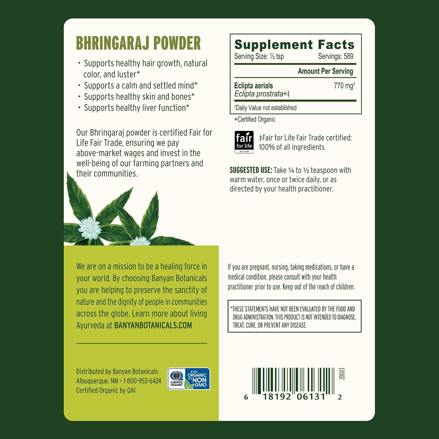 Banyan Botanicals Bhringaraj Powder – Organic Eclipta Prostrata Leaf Powder – for a Calm Mind and Healthy Hair, Nails, Bones, and Teeth* – ½ lb. – Non-GMO FFL Vegan