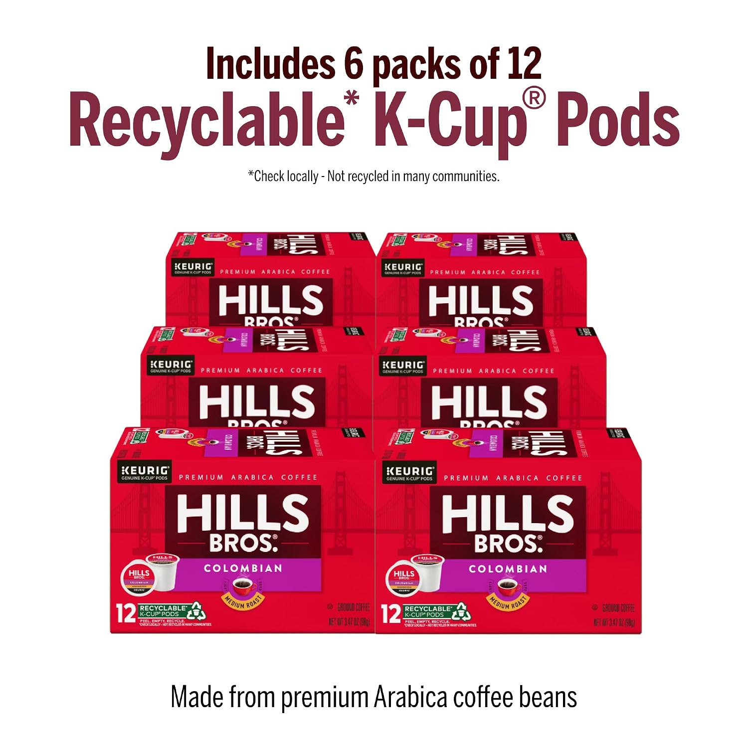 Hills Bros Single Serve Coffee Pods, 100% Colombian Ground Coffee, Medium Roast, 12 Count – Keurig Compatible, Roasted 100% Arabica Beans, Smooth Balanced Flavor