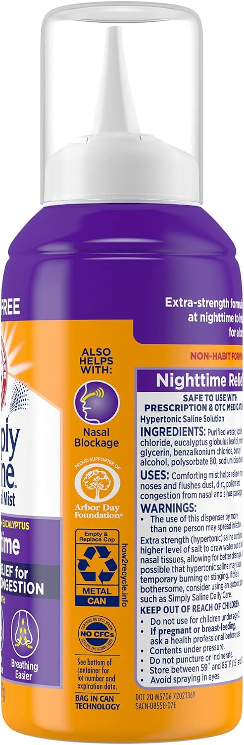 ARM & HAMMER Simply Saline Nighttime Nasal Mist, 4.6 oz | For Nighttime Nasal Congestion, Calming Eucalyptus, Safe with Rx and OTC