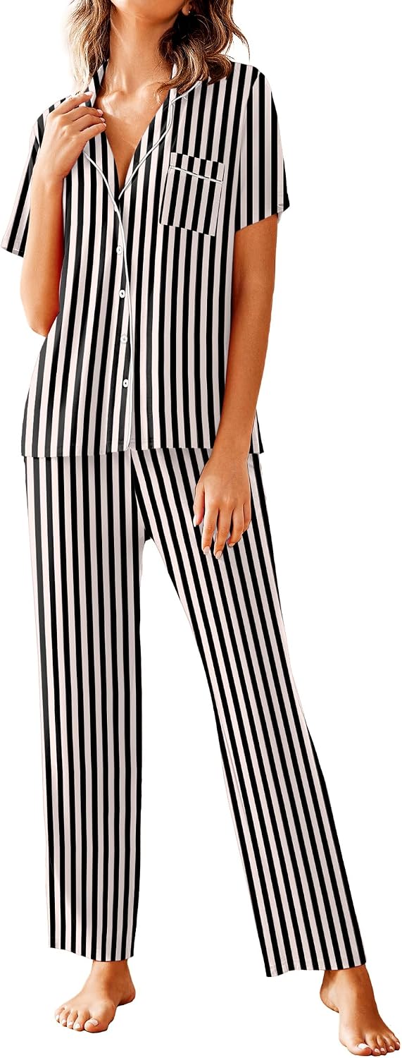 Avidlove Women Pajamas Set Notch Collar Soft Sleepwear Pjs Short Sleeve Button Down Nightwear with Long Pants