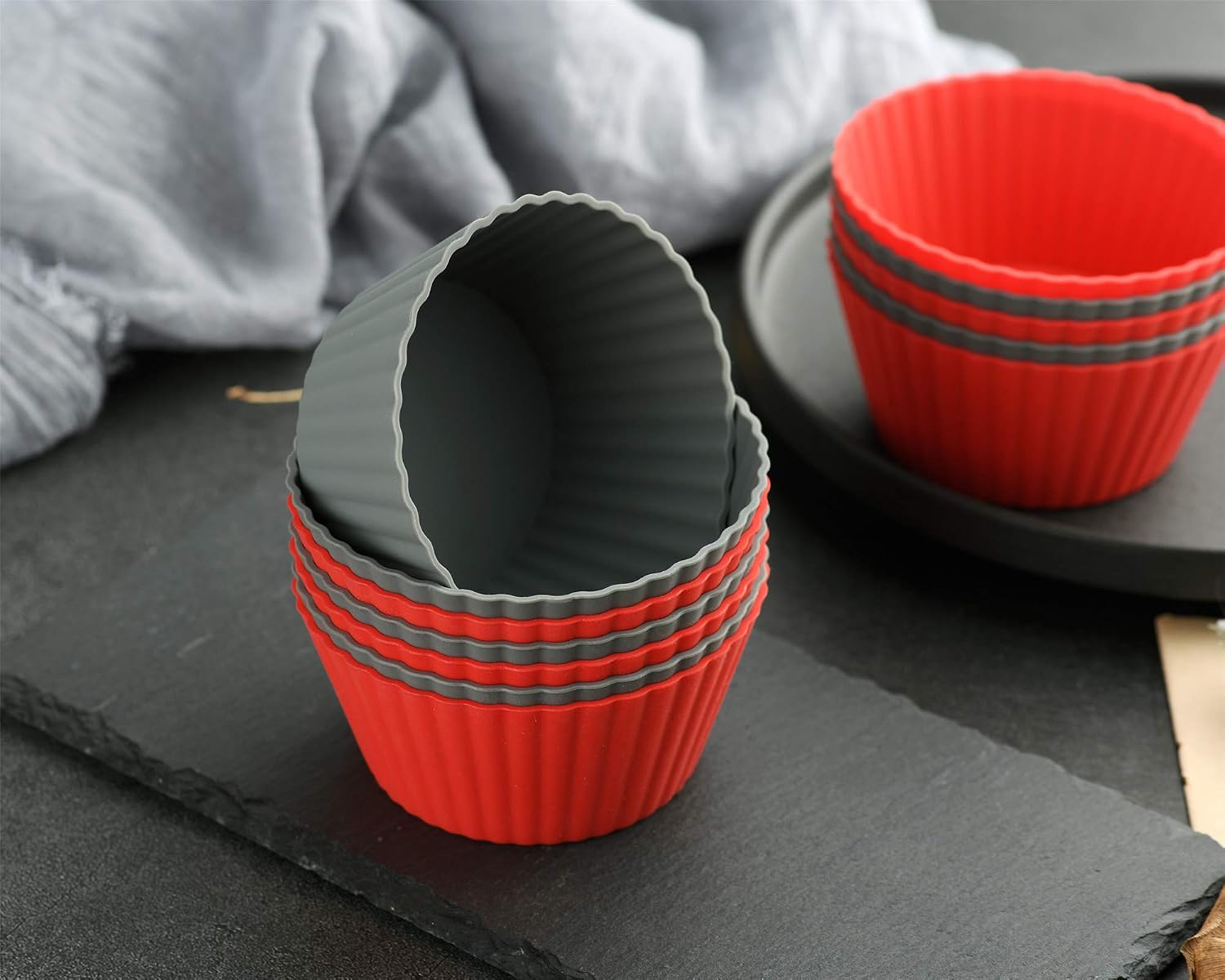 12 Pack Reusable Nonstick Jumbo Silicone Baking Cups, Cupcake and Muffin Liners, 3.8 Inch Large Size, Red and Gray Colors, Round