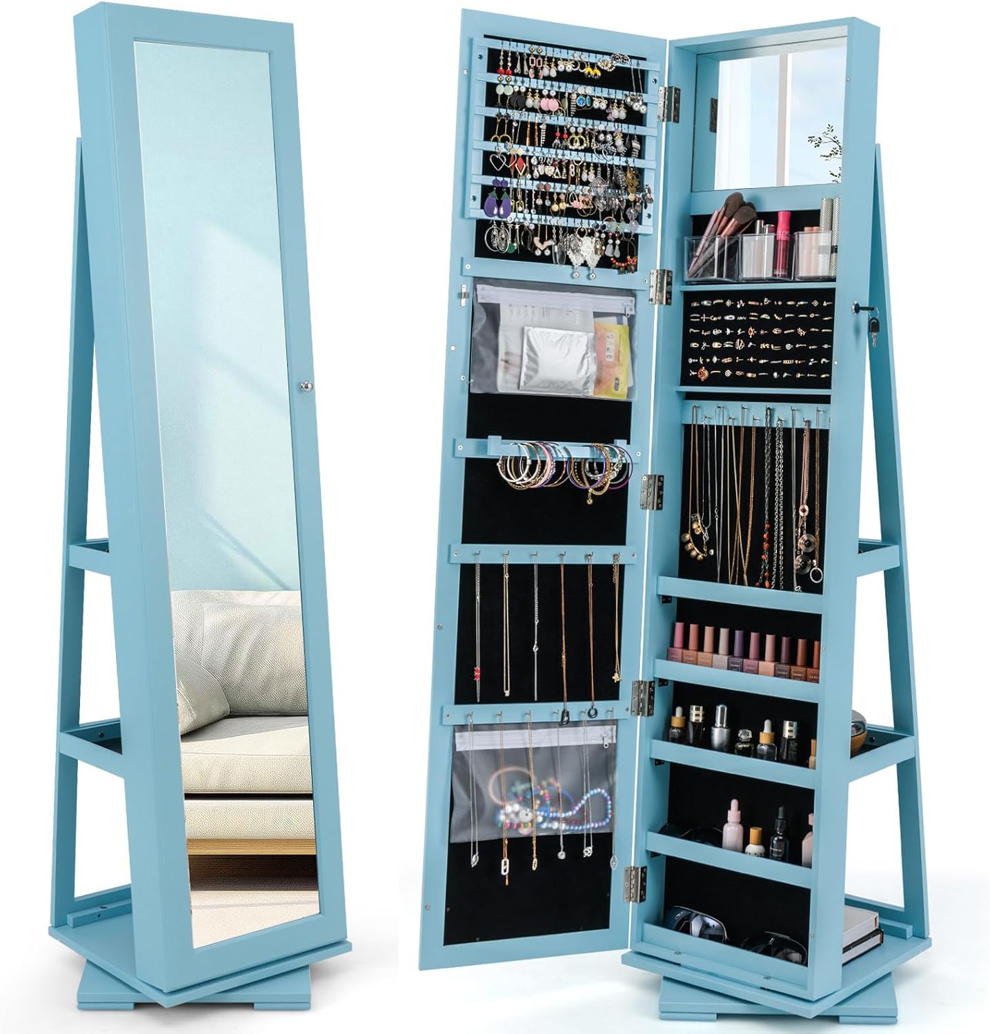 CHARMAID 360° Swivel Jewelry Armoire with Higher Full Length Mirror, Standing Lockable Jewelry Cabinet Organizer with Large Storage Capacity