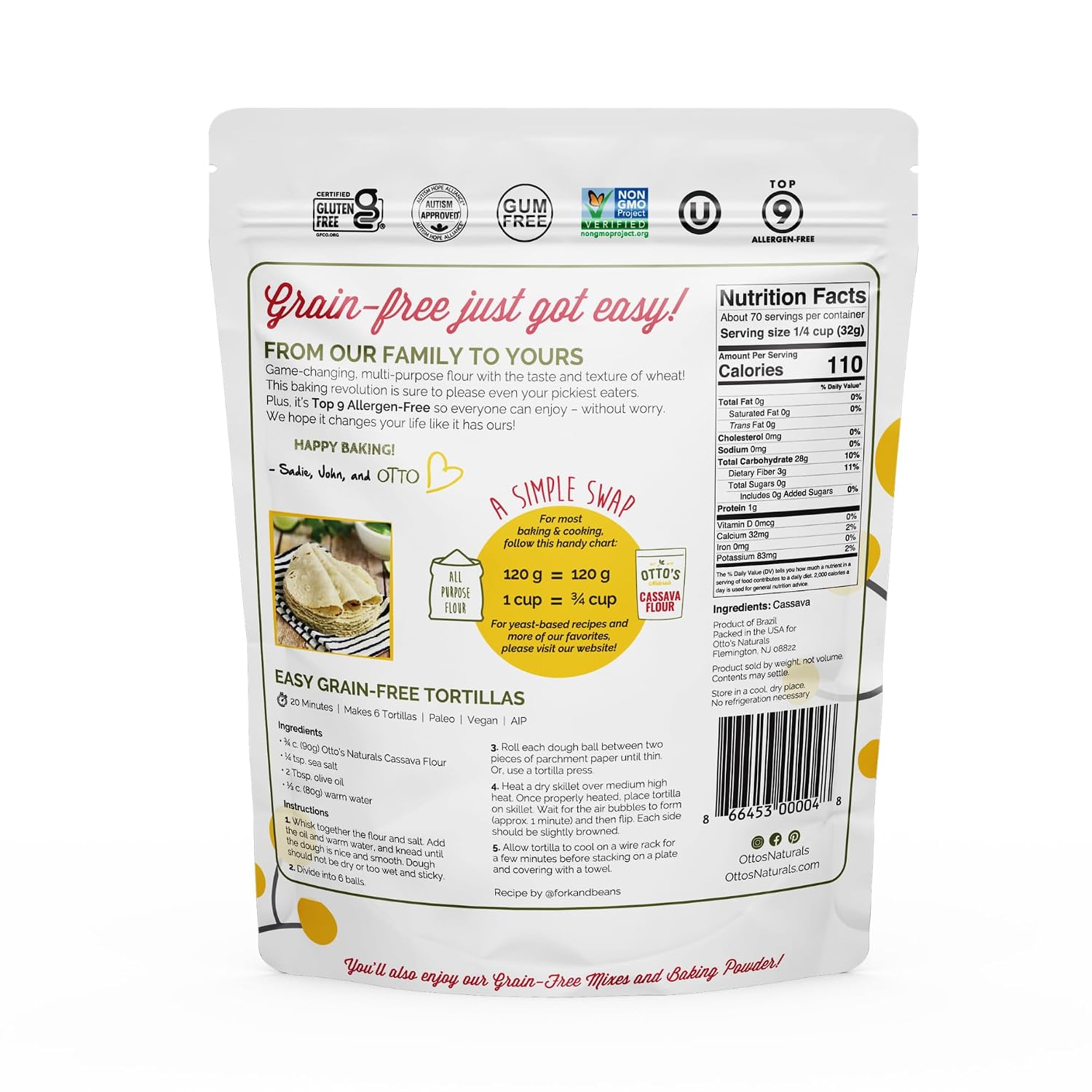 Otto's Naturals Multi-Purpose Cassava Flour, 2 LB. | All Purpose Wheat Replacement, Top 9 Allergen Friendly, Use for Bread, Cake and Crust, Gluten & Grain Free, Non-GMO, Nut-Free
