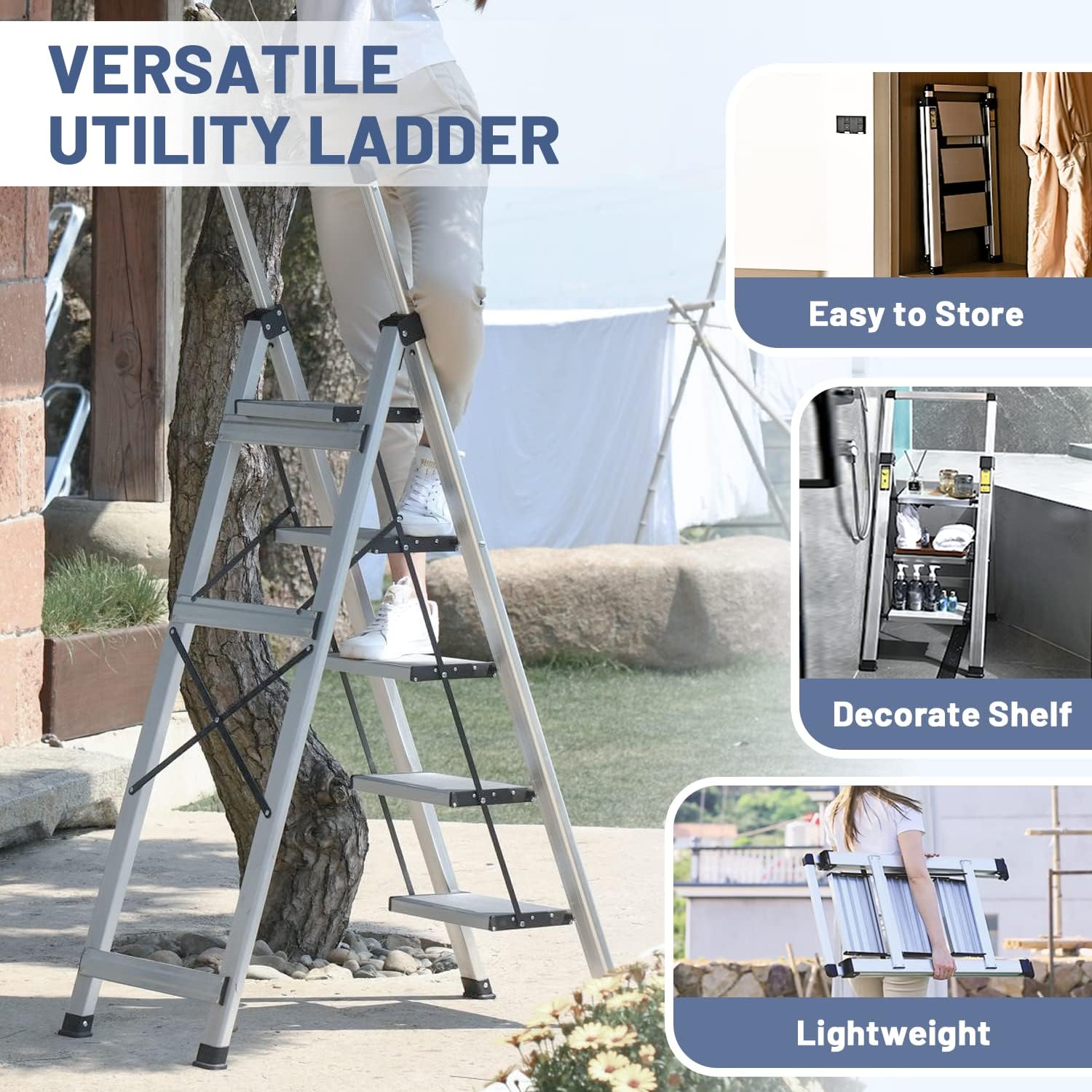 XinSunho 3 Step Ladder, Aluminum Folding Stool with Retractable Handgrip