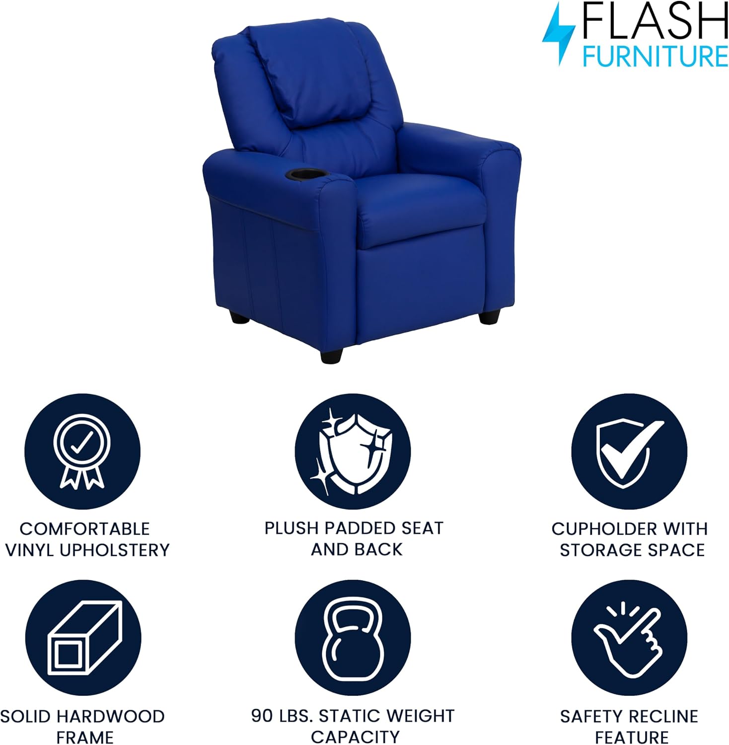 Flash Furniture Vana LeatherSoft Kids Recliner with Cup Holder, Headrest, and Safety Recline, Contemporary Reclining Chair for Kids, Supports up to 90 lbs., Brown | Manual Recline, Padded Seat and Back, Child-Friendly Design, Safety Recline Feature