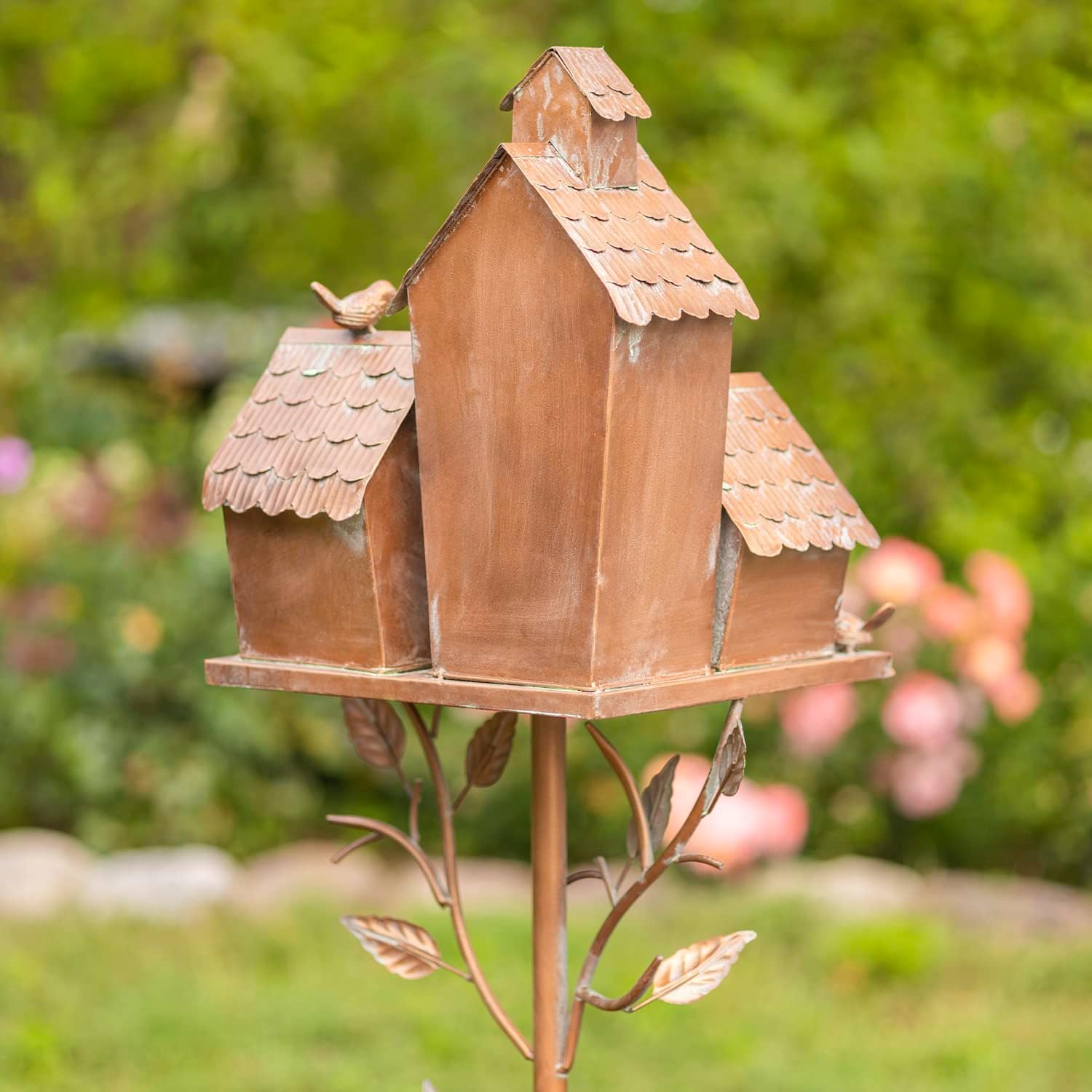 Large Copper Colored Multi-Birdhouse Stakes, Room for 4 Bird Families in Each (Cube Homes with Pyramid Roofs)