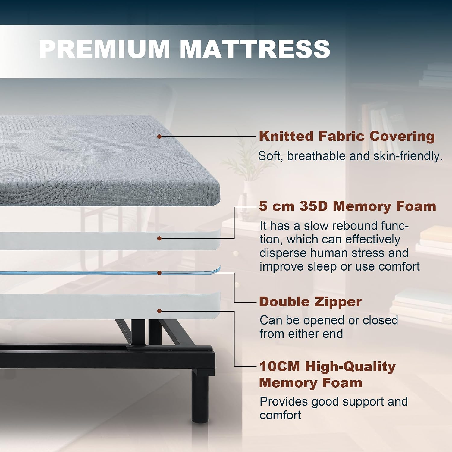 Electric Lift Bed for Elderly, Remote Control Adjustable Bed with 5.91" Mattress, Quiet Motor and Removable Tray, Zero Gravity Position Bed Frame Suitable for Hospital/Home Care