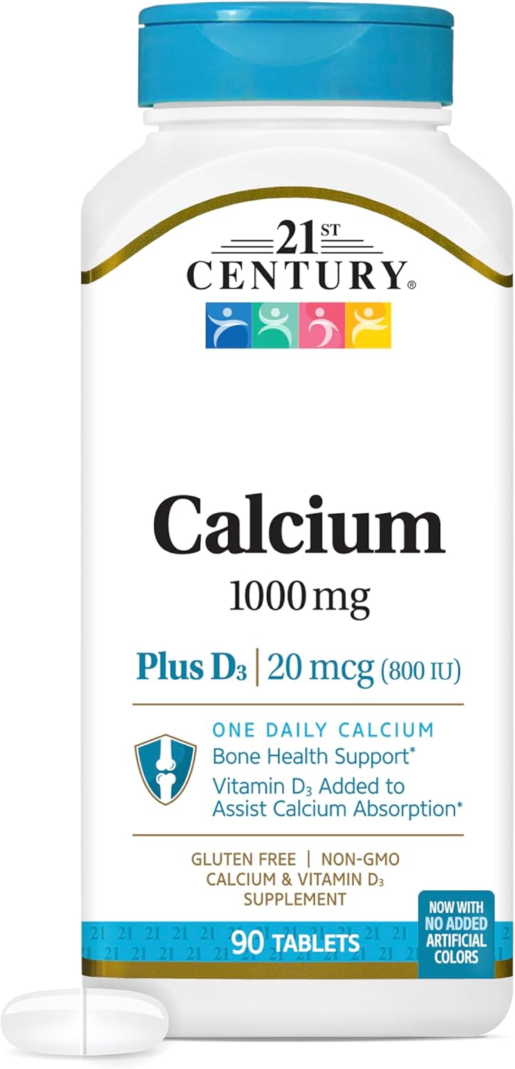 21st Century Calcium 1000mg Plus D3 Tablets, Bone Health, 90 Count | Calcium 1000 mg with Vitamin D3 20 mcg (800 IU), Bone Strength & Density Support, Daily Supplement for Men & Women