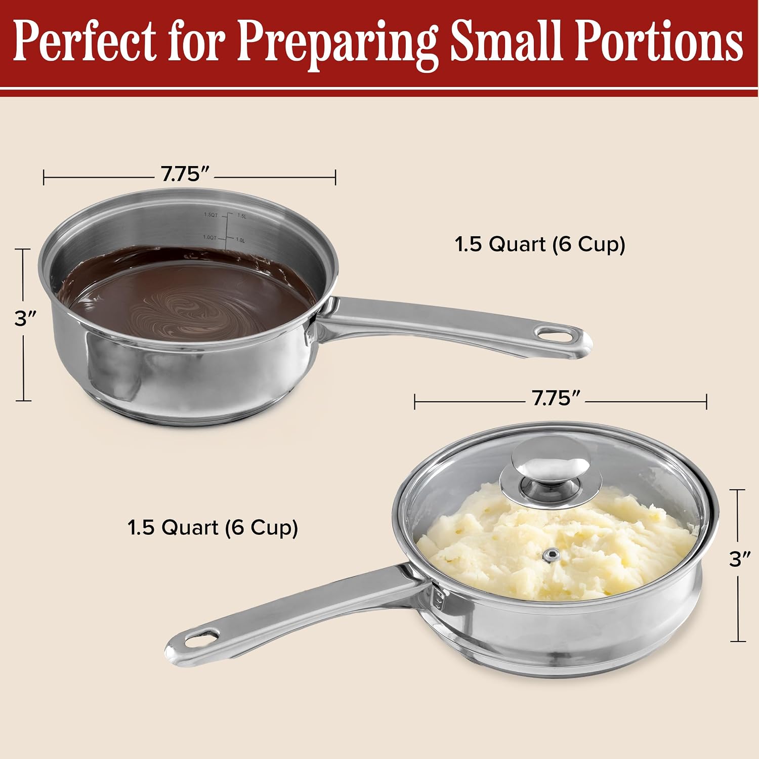 6 Cup Double Boiler Pot Set – 1.5 Quart Stainless-Steel Saucepan 2-in-1 with Vented Glass Lid – Kitchen Cookware with Measurements by Classic