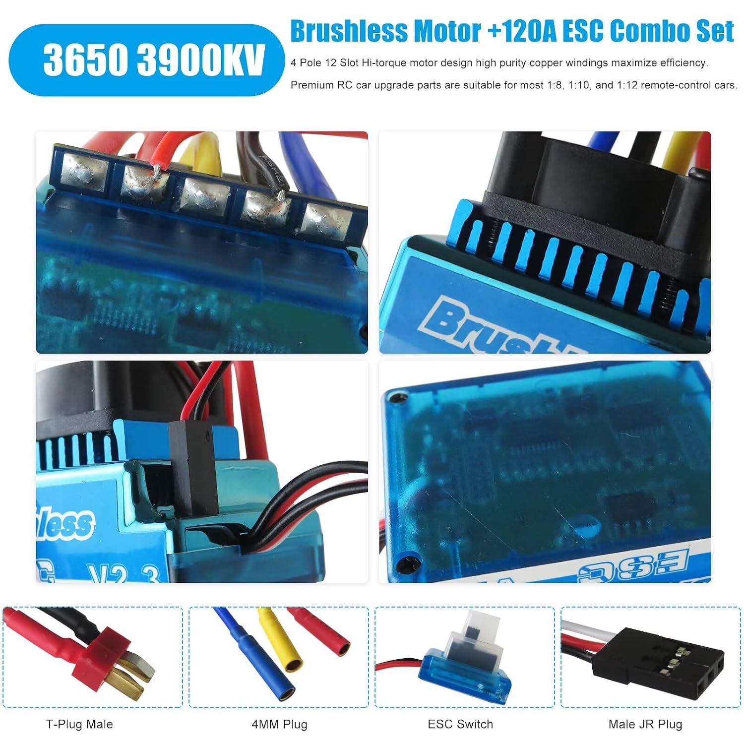 New Brushless Motor ESC Combo Set 3900KV 120A for 1:8 1:10 1:12 Scale RC Vehicles