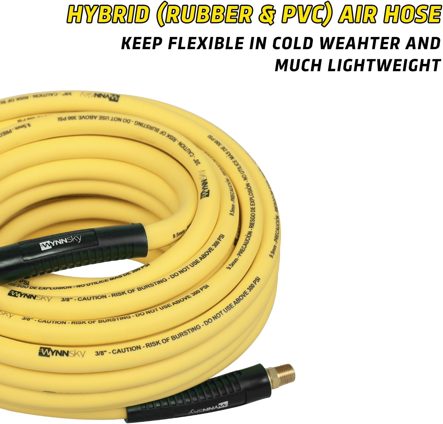 3/8" Hybrid Air Hose 50ft 1/4" MNPT Air Compressor Hose Heavy Duty Lightweight Hybrid and Bend Restrictor Fittings