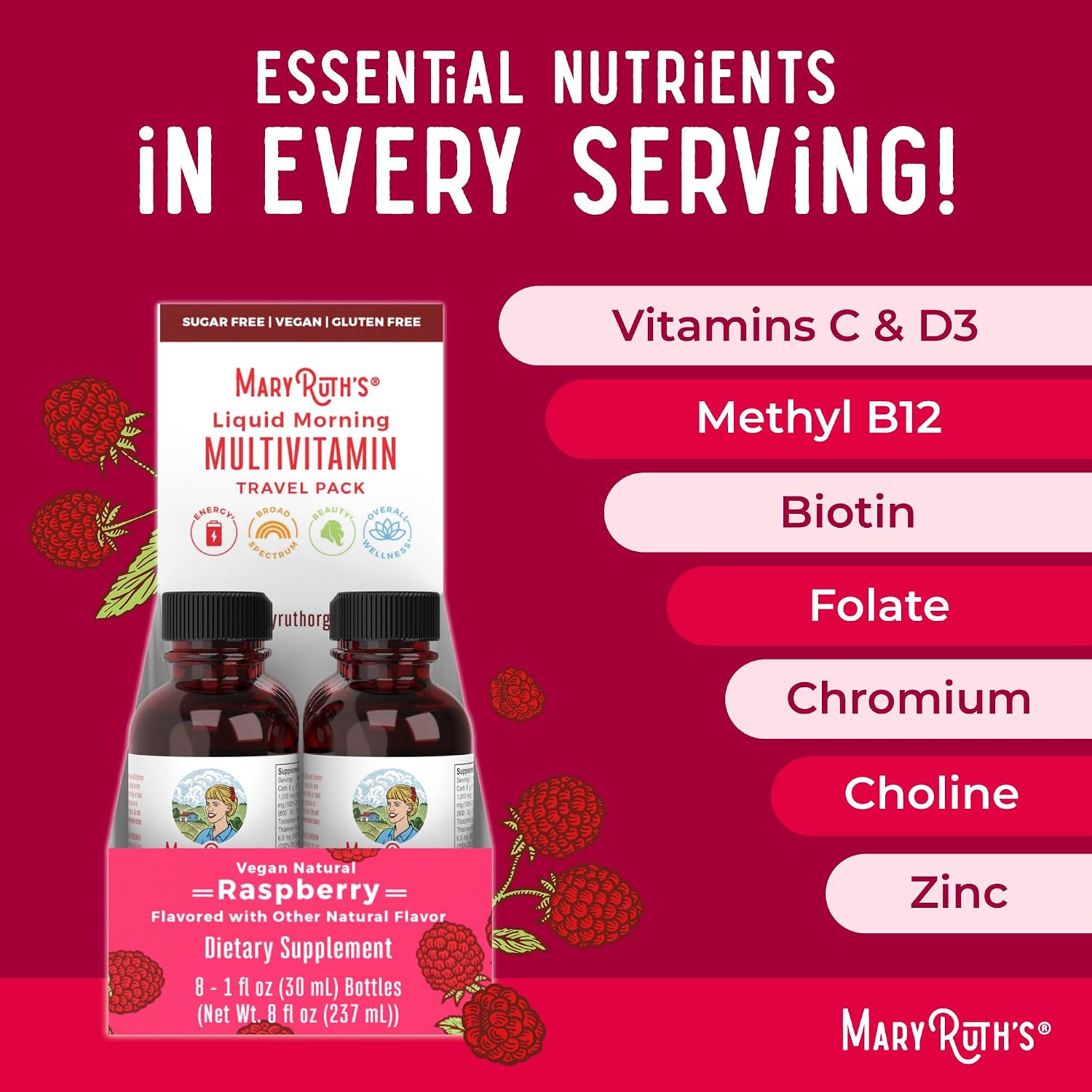 MARYRUTH'S Liquid Morning Multivitamin for Women, Men & Kids, 32 Servings | Vitamin A C D E B6 B12 Biotin Zinc, Beauty, Vegan, Non-GMO, Gluten Free