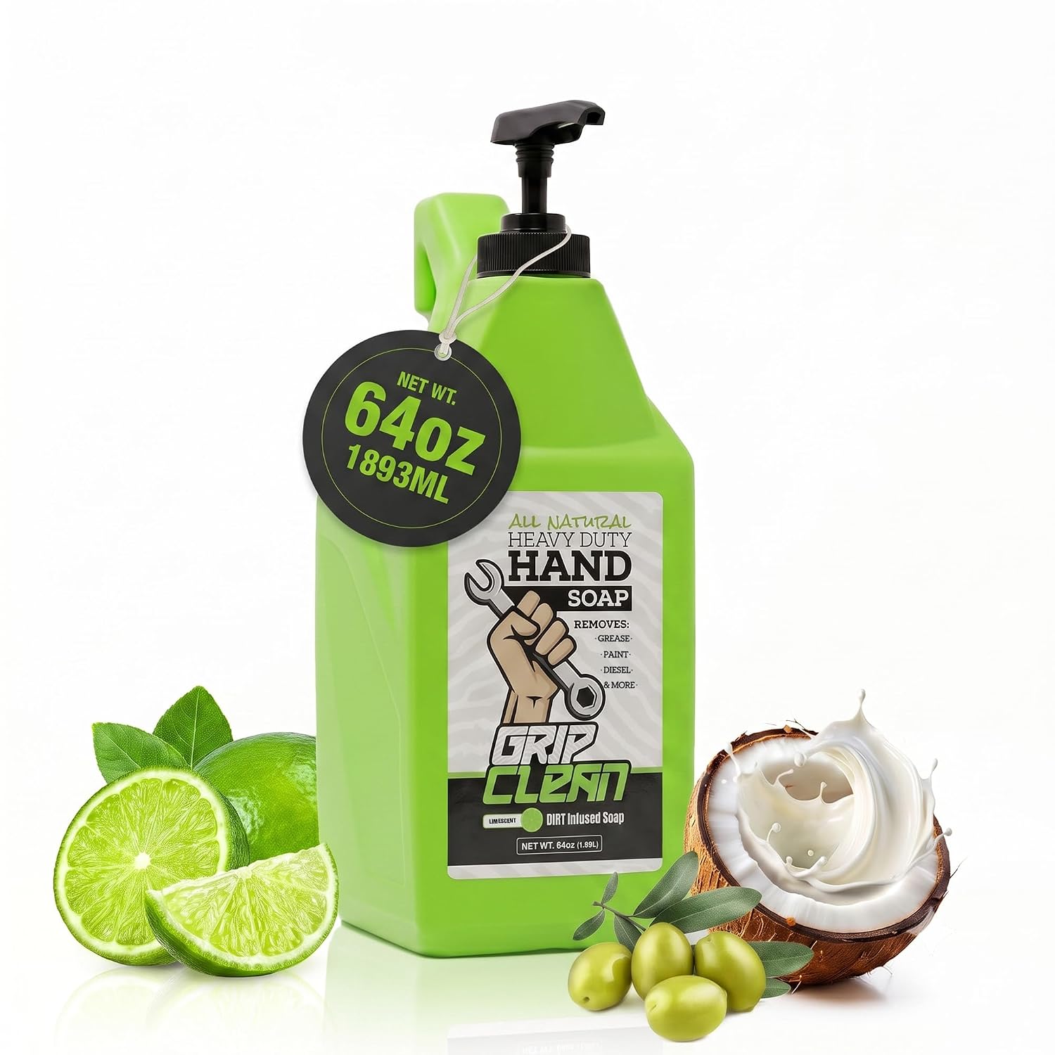 Grip Clean Heavy Duty Hand Cleaner For Mechanics, Natural Pumice, 64 Oz | Clay Infused, Grease, Oil, Grime Remover, Moisturizing Coconut Olive Oils, Lime Scent, For Shop, Garage, Industrial Use