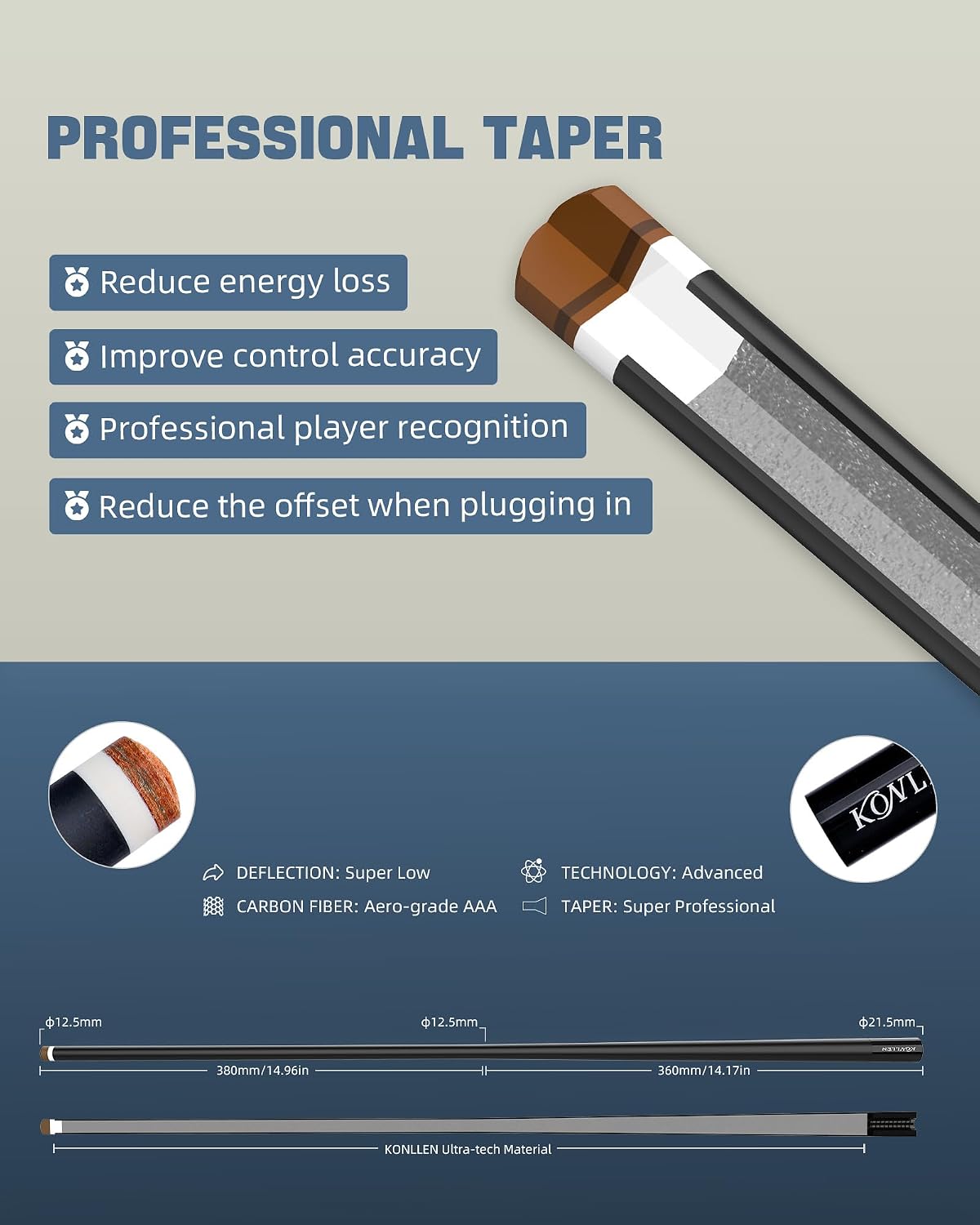 KONLLEN Carbon Fiber Pool Cue Stick 58-inch Professional Pool Sticks for Adults Full Carbon Technology Low Deflection Pool Cue Billiard Cues with 12.5mm Tip (Easy to Control, Pro Taper, Ultra-Smooth)