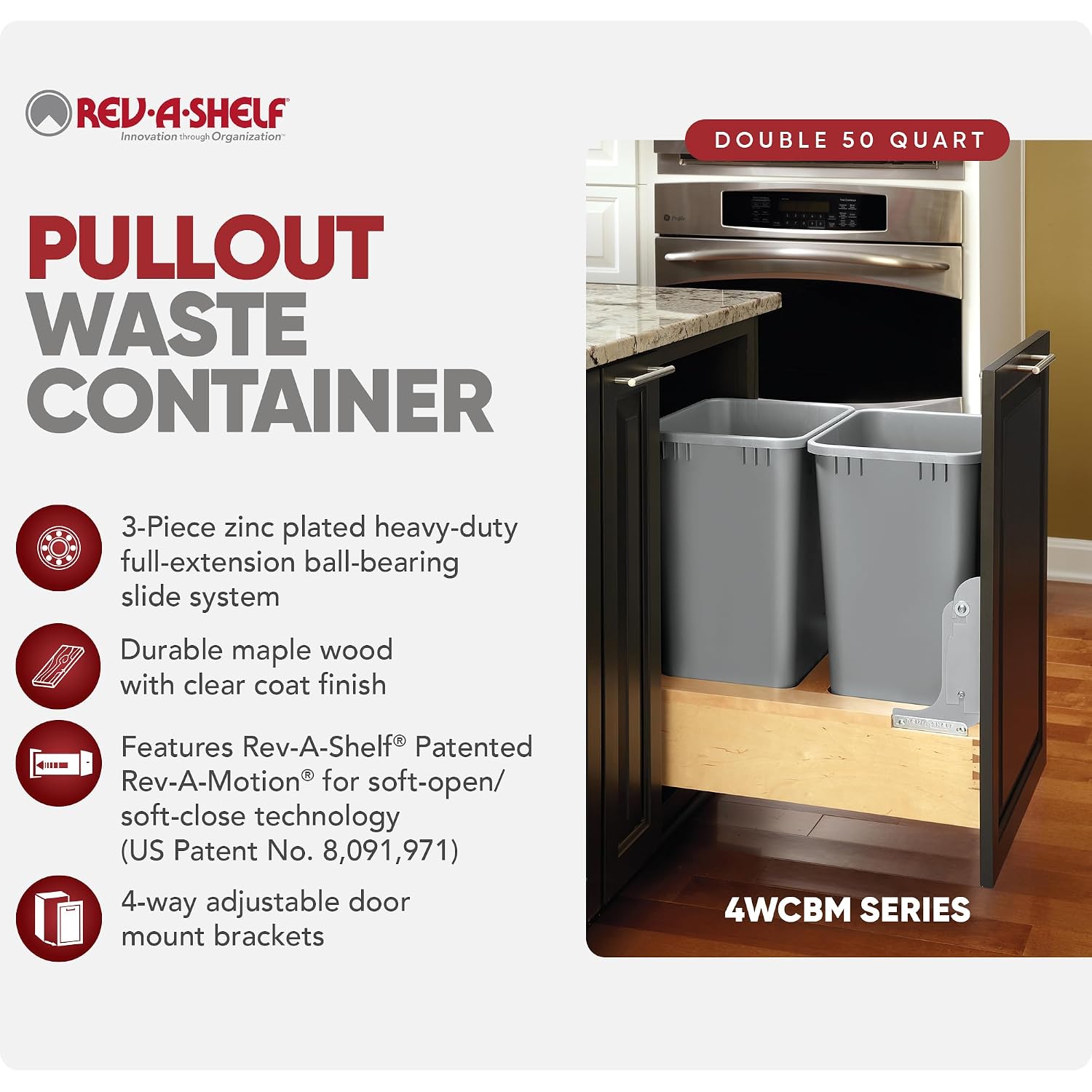 Rev-A-Shelf Pullout Under Counter Trash Can, 50 Qt 12.5 Gal Garbage Container with Soft-Close and Soft-Open Slides, Silver, 4WCBM-1550DM-1