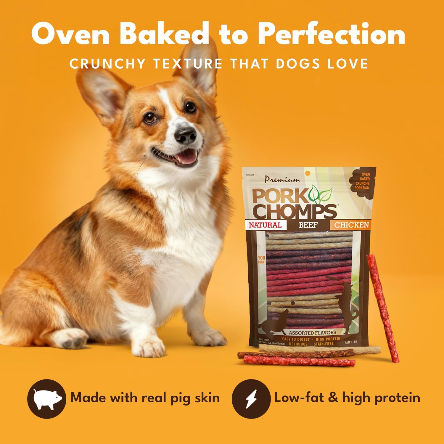 Pork Chomps Dog Chews, 5 in Munchy Sticks, Assorted Flavors, 50 Count | Oven-baked from real pork skin - a rawhide-free chew that's low in fat, high in protein, and easy to digest